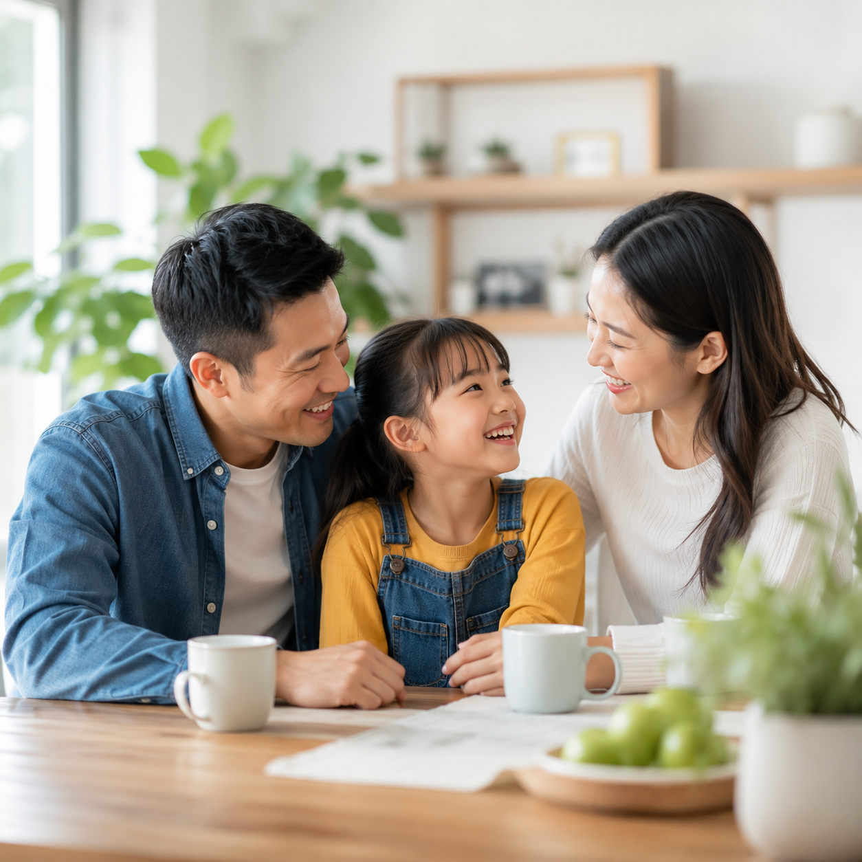 A family of three enjoying a meal together at a dining table; a man, a woman, and a young girl are smiling and interacting affectionately.