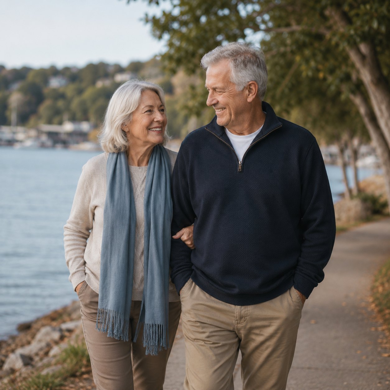 Two people sit on a rocky coastal cliff overlooking the ocean, one appears to be an elderly man with gray hair, and the other is a person with a hooded jacket and cap, during sunset or sunrise.