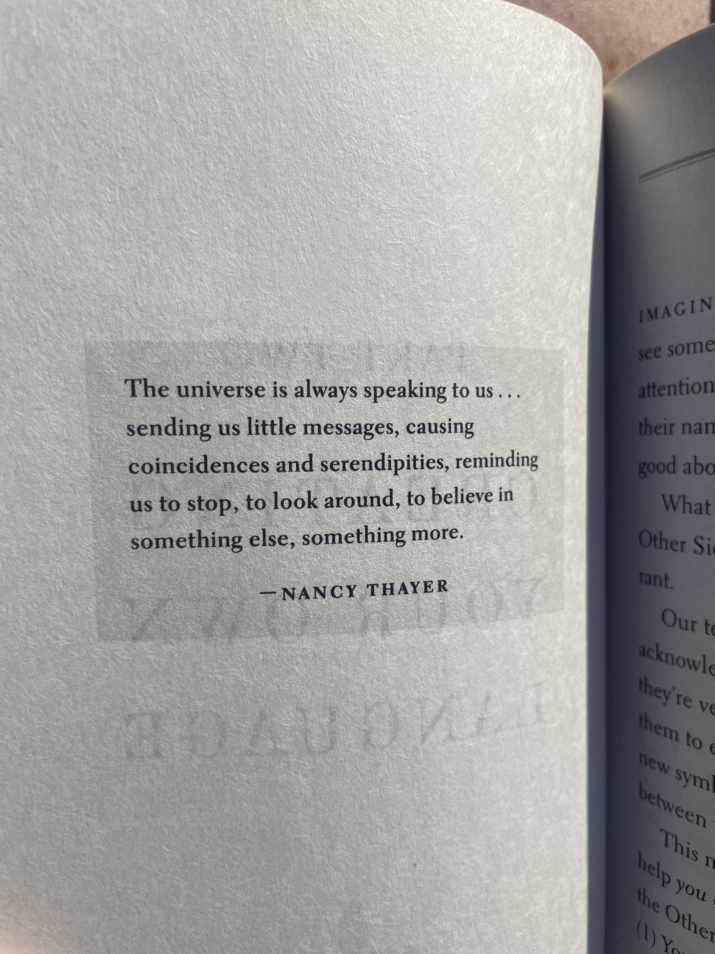 Another synchronicity ... the quote I used for this chapter was found in the Signs book! Not only that, but Nancy Thayer was my Nana, my mom's mom's name. I couldn't believe her full name was sitting inside that book, on top of the author of the Sign