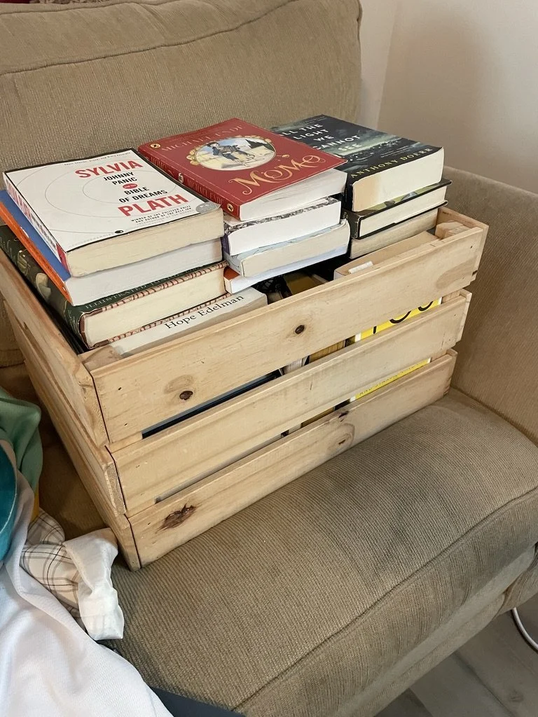 My one box of books to keep! Giving away my books was so painful.