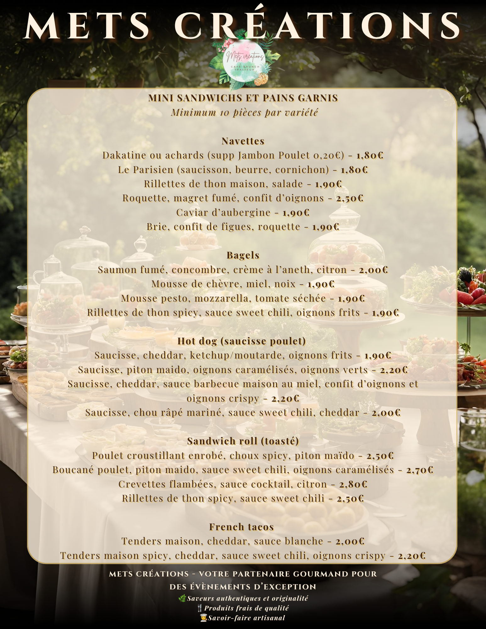 Menu de mets créations avec options de sandwiches, pains garnis, hot dogs, sandwichs toastés, et tacos français.