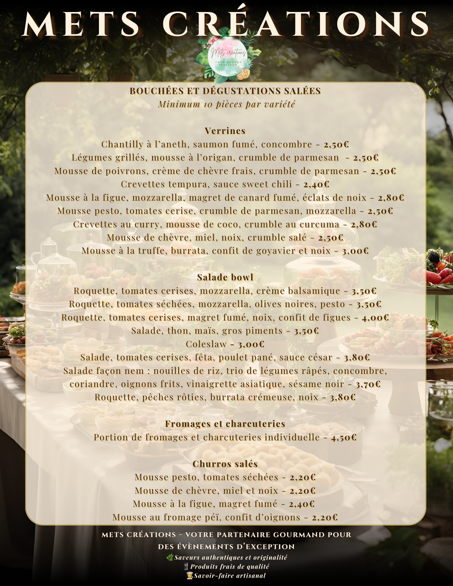 Carte de menu présentant des bouchées, dégustations, salades, fromages et charcuteries, et churros salés