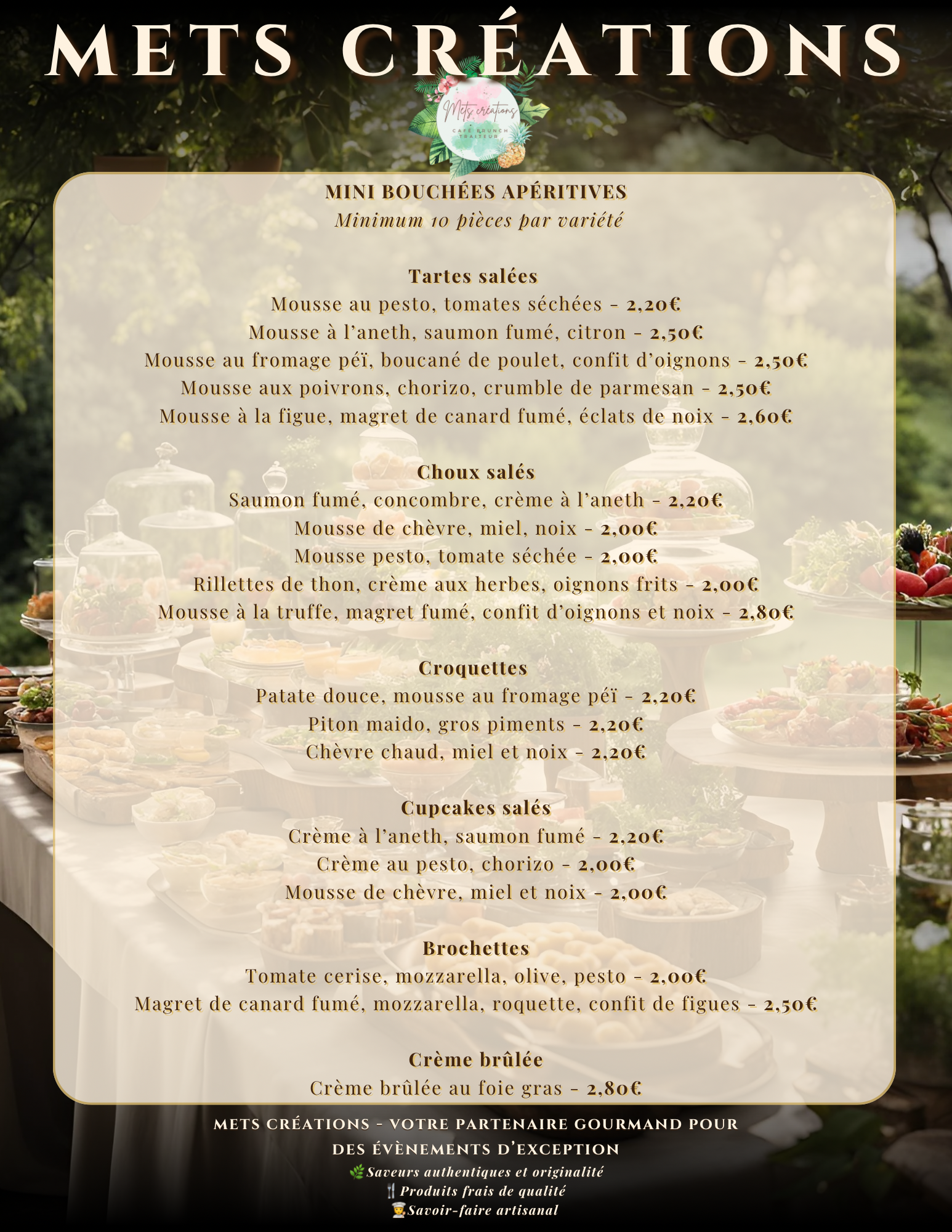 Menu de créations culinaires avec différentes options de mini bouchées, tartes salées, choux salés, croquettes, cupcakes salés, brochettes et crème brûlée, avec descriptions et prix.