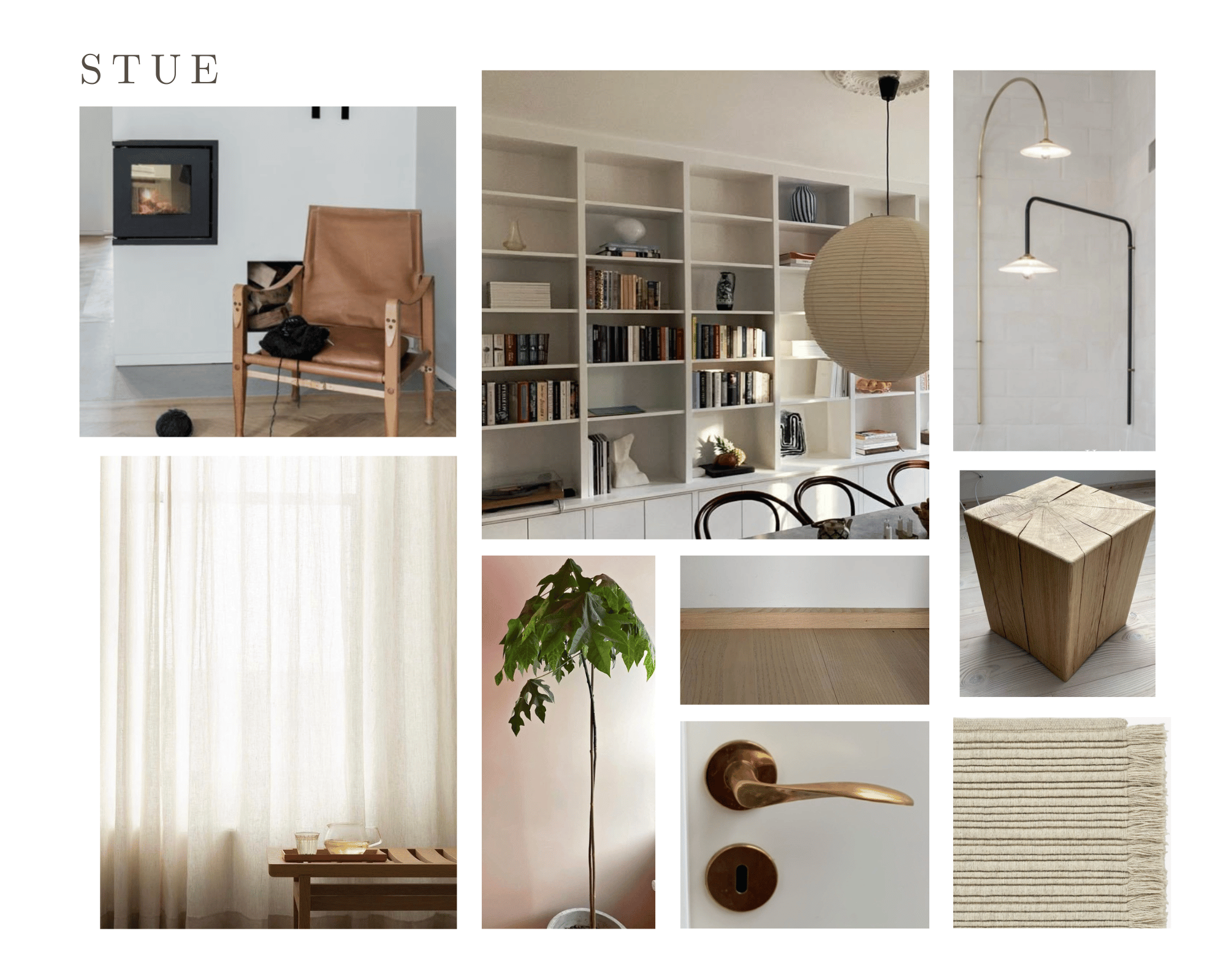Moodboard, der viser stueindretning i skandinavisk stil. Bolia tæpper. Kærlighedstræ. Indbygget brændeovn.