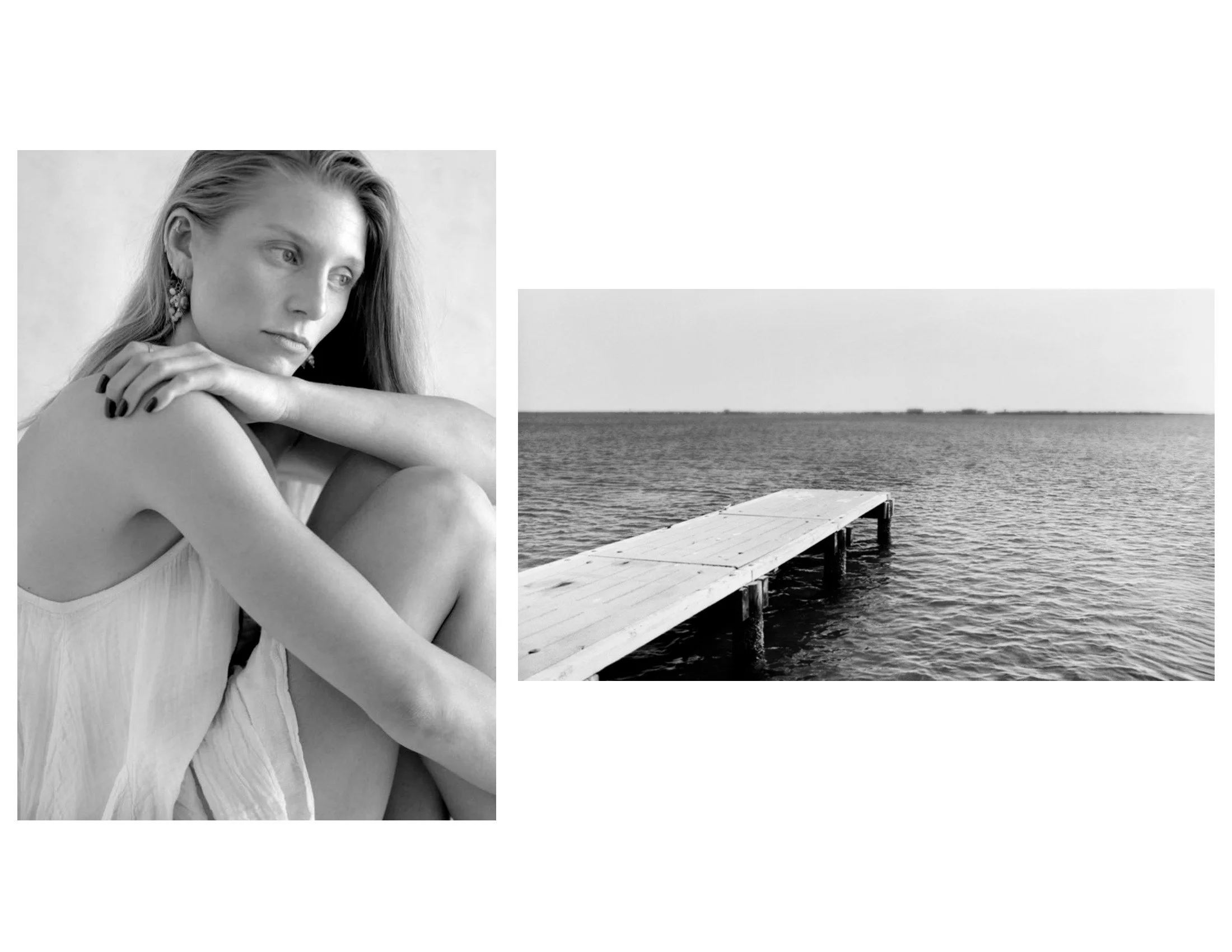 A black and white photograph of a woman with long hair and earrings, sitting with her arms crossed and gazing contemplatively, next to a view of a lake with a dock extending into the water.