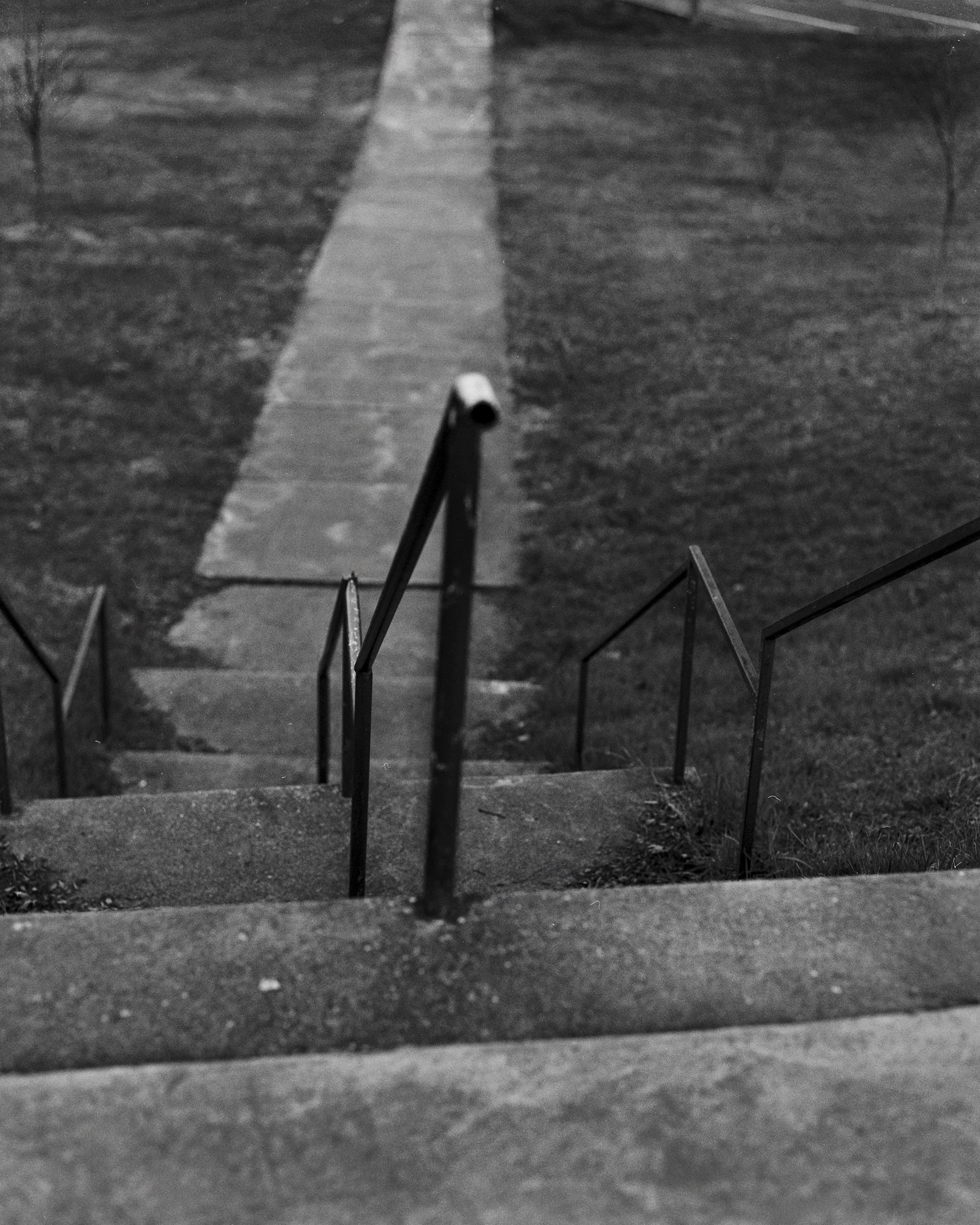 Nighttime view of a walkway with stairs leading down to a park or open area, bordered by metal railings, with grass and trees in the background.