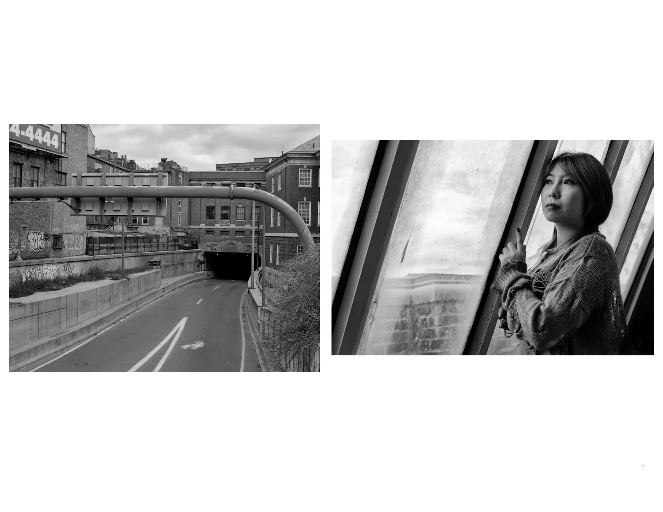 A black and white photograph of a city scene with a road running through it, some graffiti on the walls, and a tunnel at the end of the street. Next to the photo of the city, there is an image of a woman with short hair looking out cause she is standing by a window or a reflective surface.