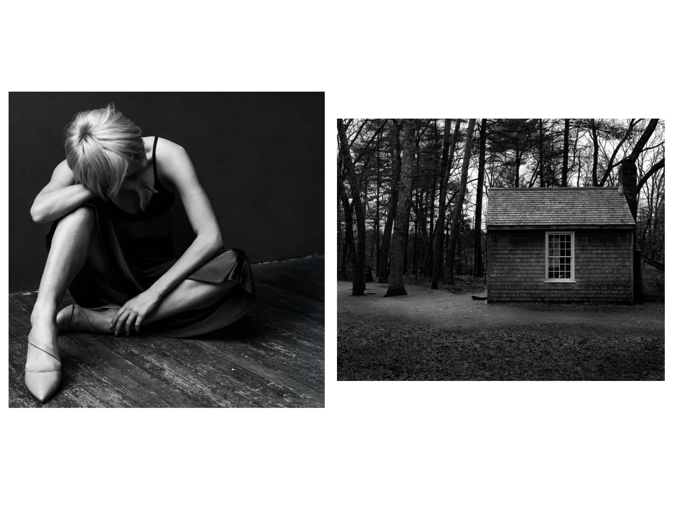 A woman with blonde hair in a black dress sitting on a wooden floor against a black background, one arm resting on her knee, and a wooden house with a shingled roof in a wooded area with leafless trees in the background.