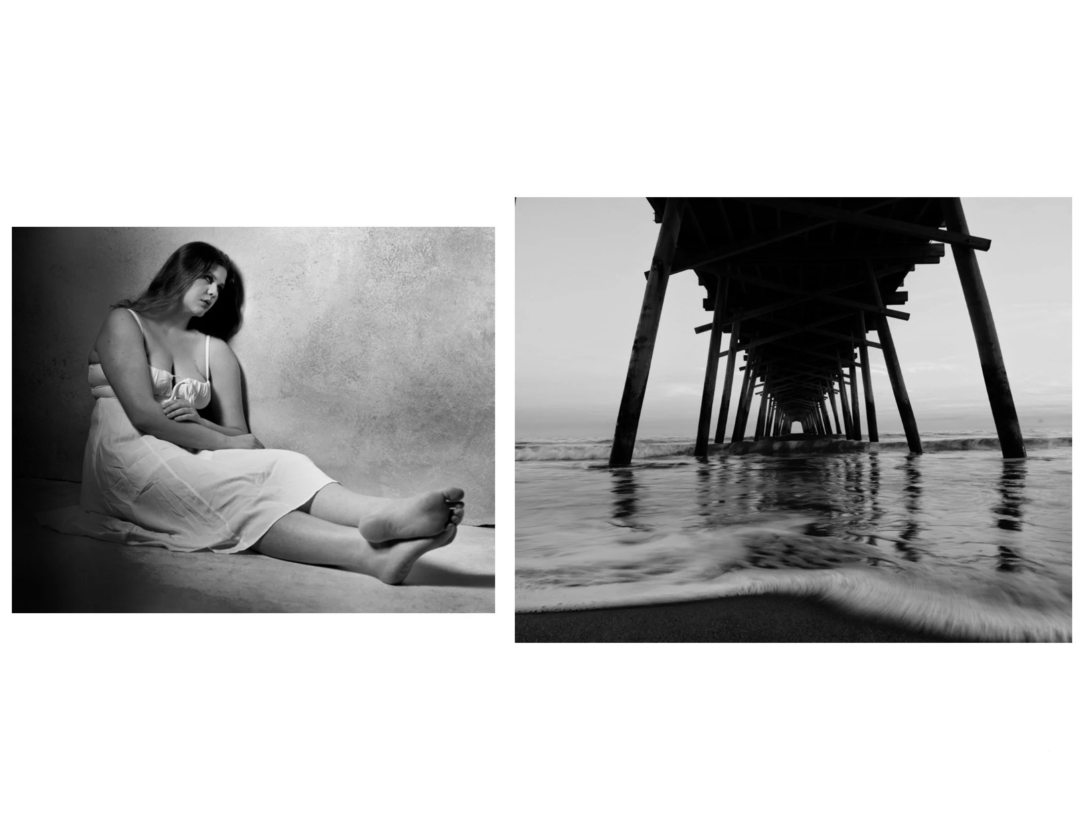 Black and white photograph of a young woman sitting on the floor with crossed arms, wearing a white dress, next to a textured wall; another black and white photograph of a pier extending into the water, taken from underneath with support beams and the ocean visible.