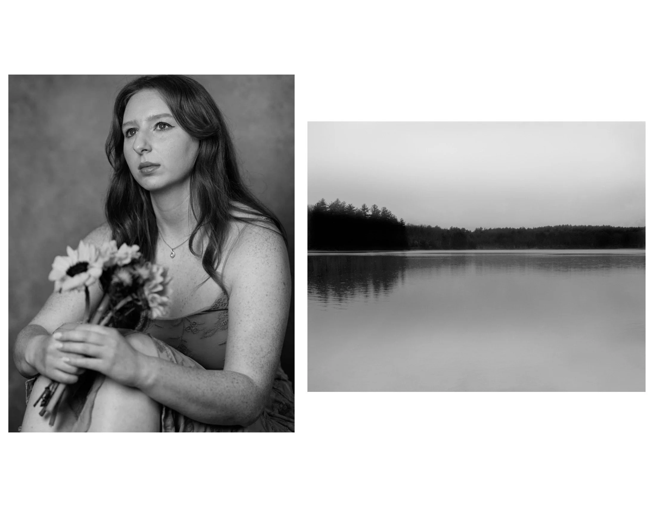 A black and white photo of a woman with long hair holding a bouquet of sunflowers, with a background of a lakeside scene.