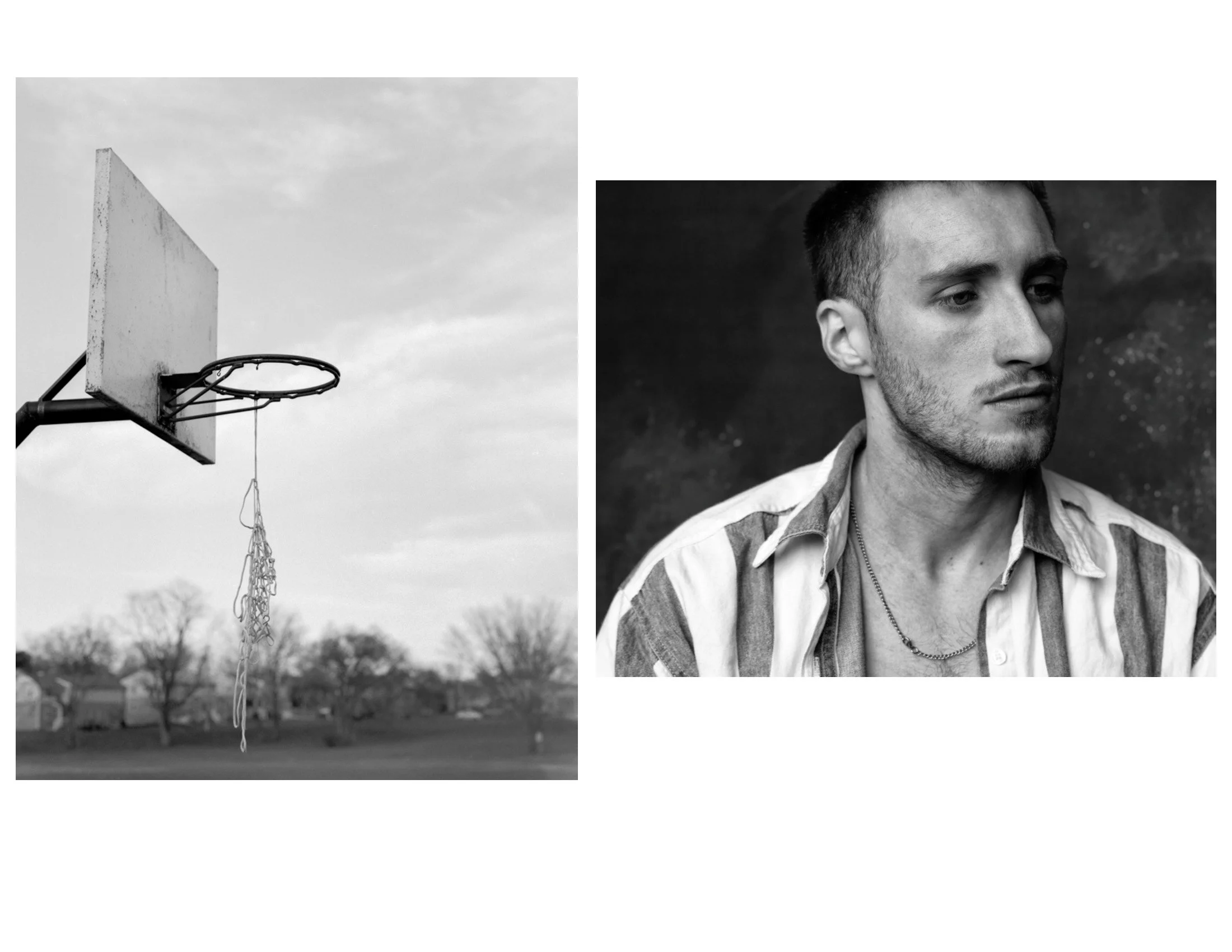 Split black-and-white photo with a basketball hoop on the left and a young man with short hair and casual clothing on the right.