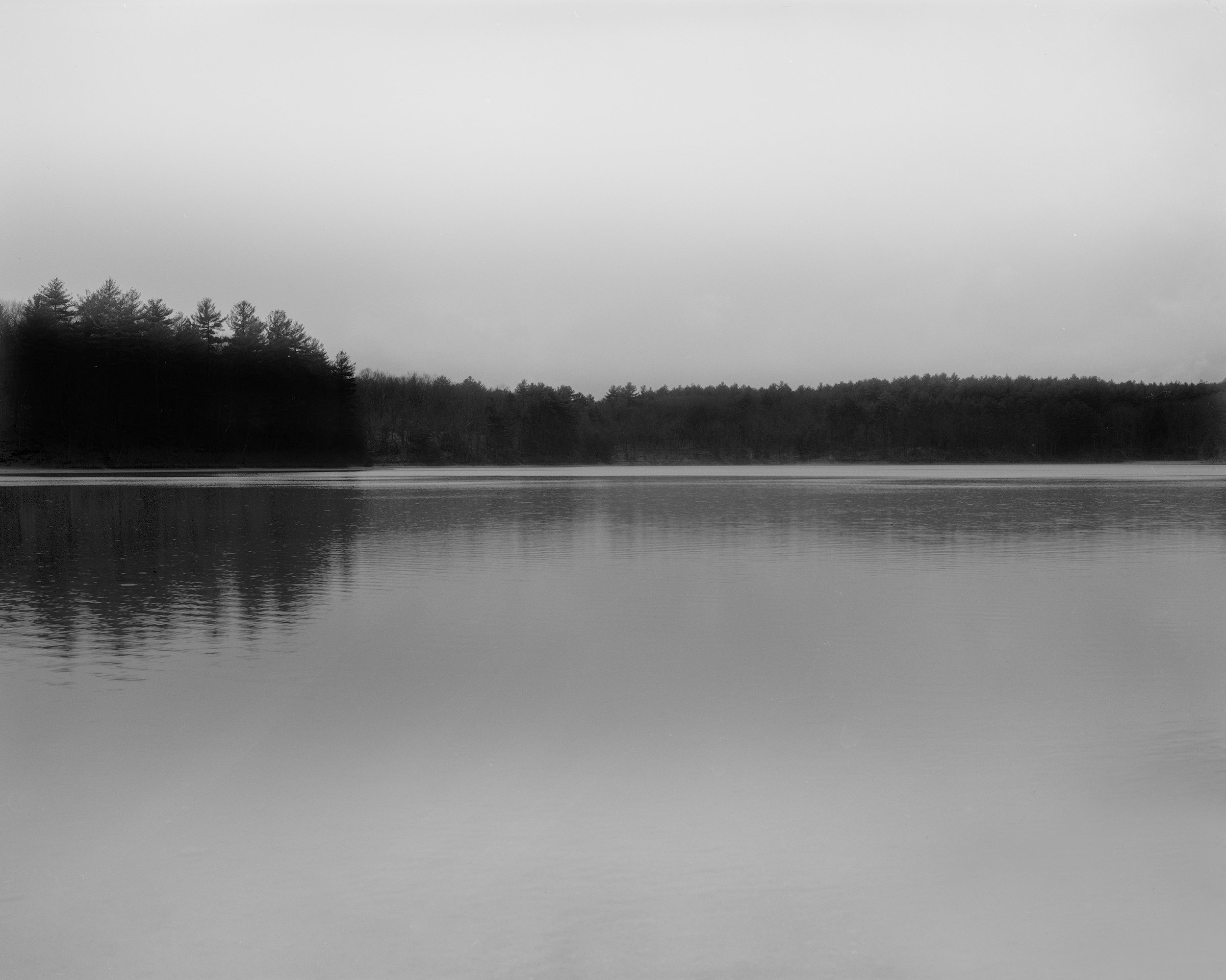 A black-and-white photo of a calm lake with a tree-lined shoreline and a clear sky.