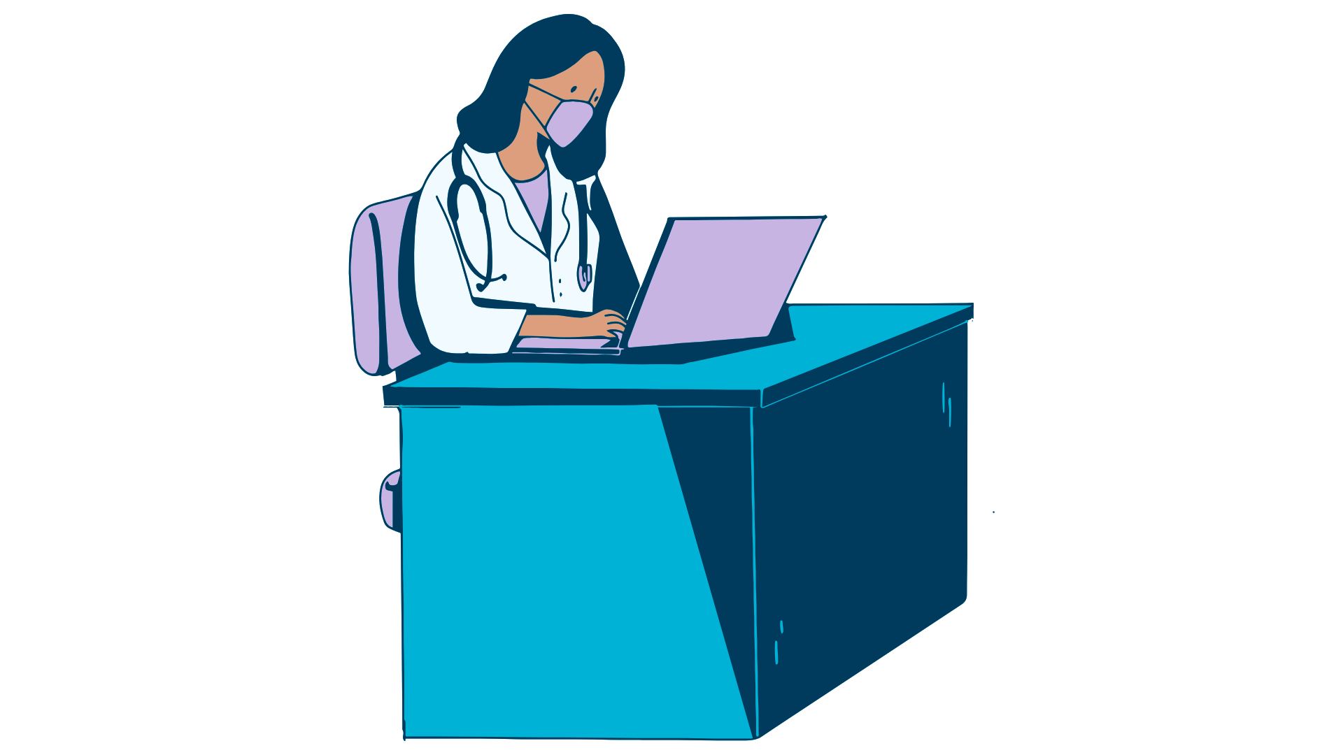 Illustration of a doctor wearing a mask, using a laptop at a desk.