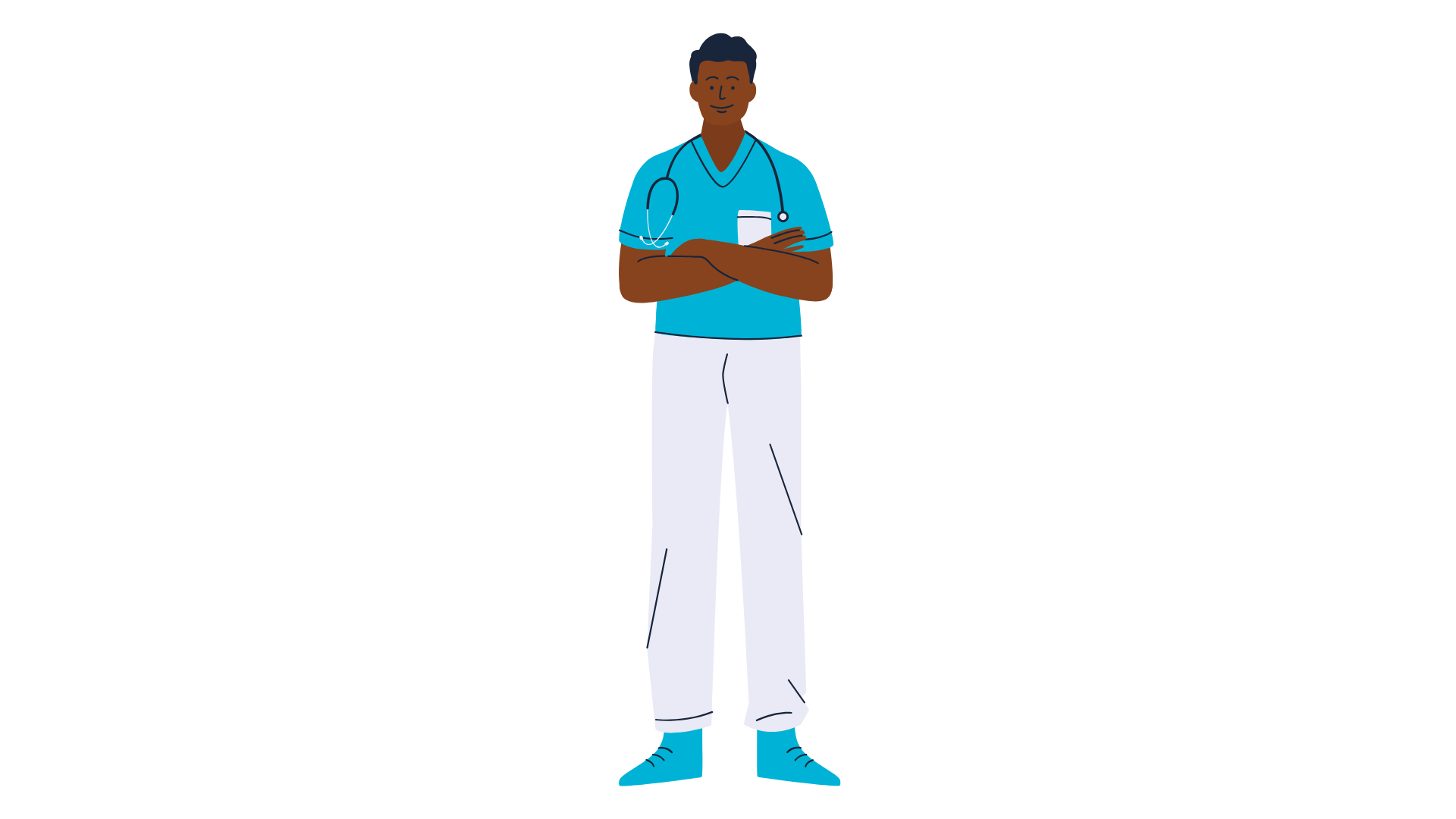 Illustration of a healthcare worker in blue scrubs with a stethoscope.
