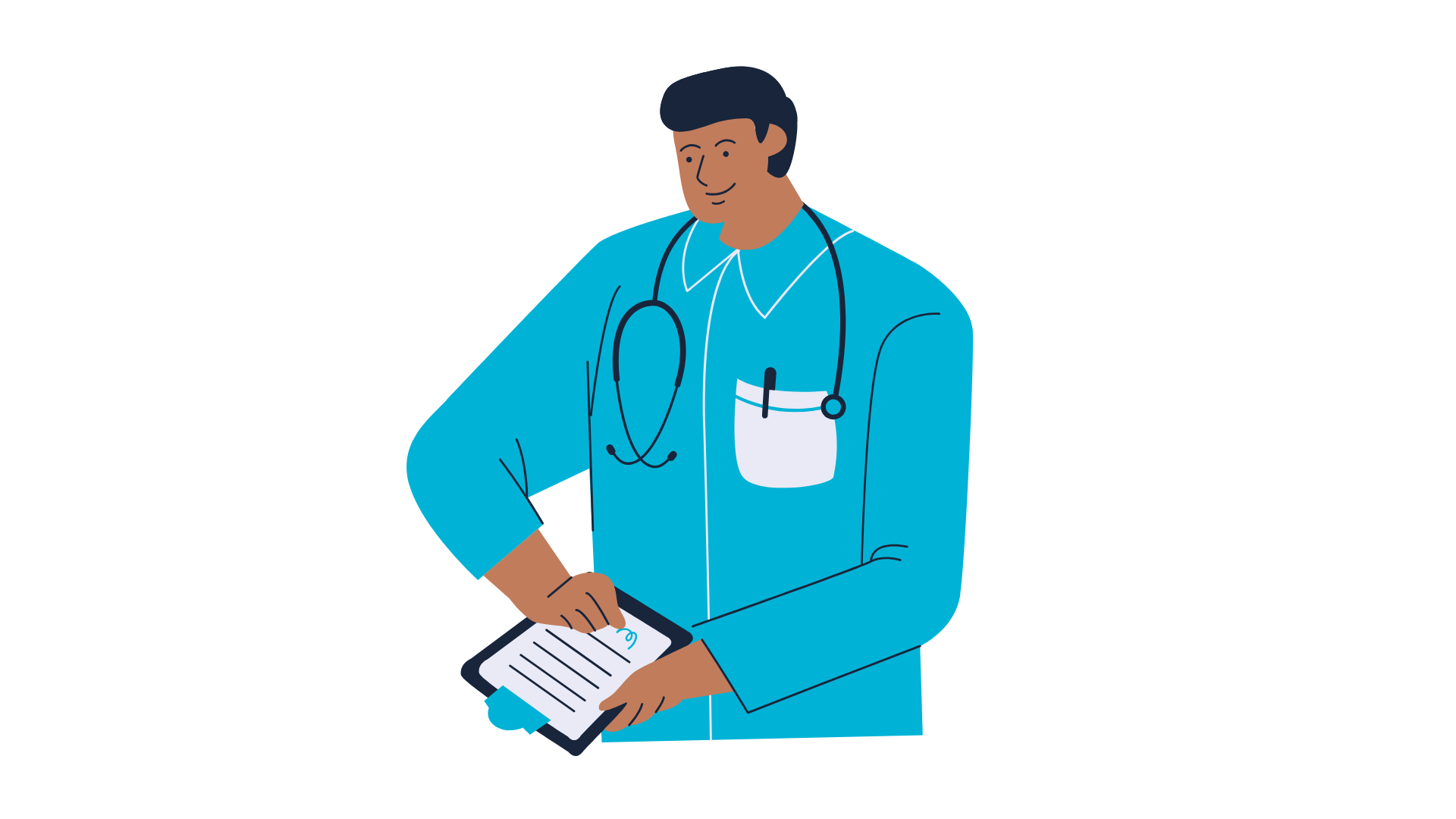 Illustration of a doctor holding a clipboard with stethoscope around the neck.
