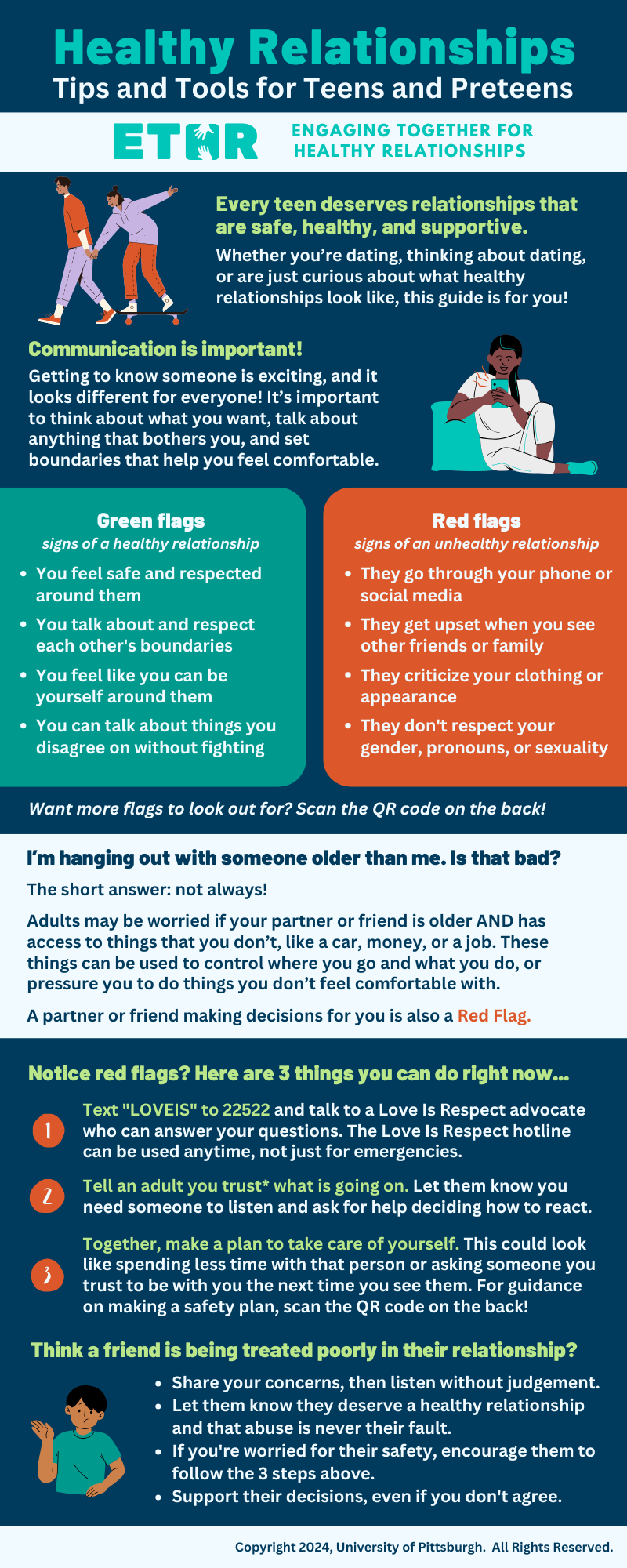 Infographic titled "Healthy Relationships: Tips and Tools for Teens and Preteens" by the University of Pittsburgh. It discusses signs of healthy and unhealthy relationships. "Green flags" include mutual respect and safe communication, while "red flags" include invasion of privacy and lack of respect for personal identity. It advises on handling relationships with older partners, noticing red flags, and helping friends. Includes advice to text "LOVEIS" for help.