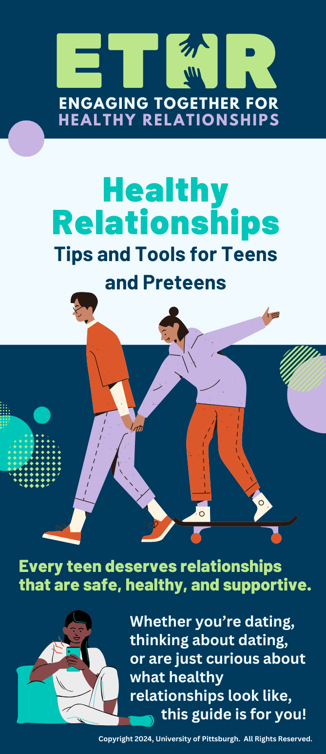 Infographic on healthy relationships for teens and preteens, featuring illustrated teens skateboarding, text about safe and supportive relationships, and University of Pittsburgh copyright.