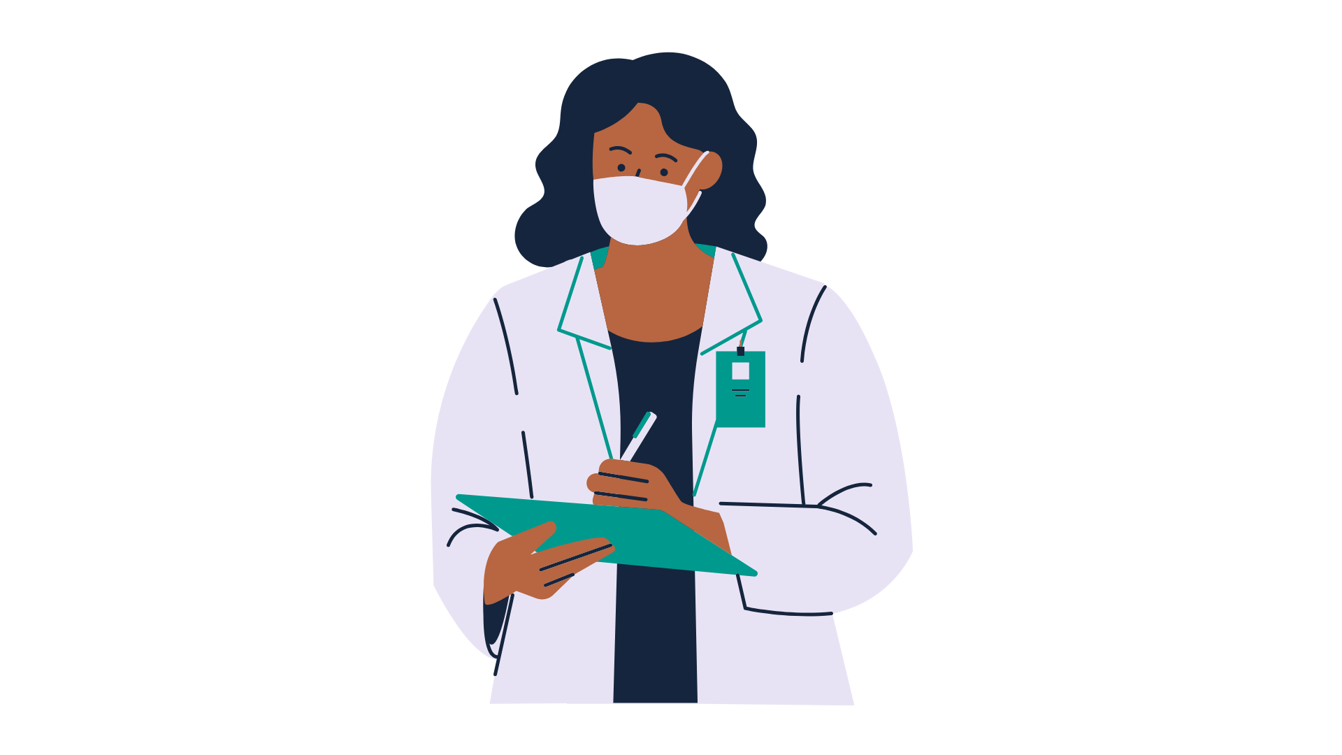 Illustration of a healthcare worker wearing a mask and writing on a clipboard.