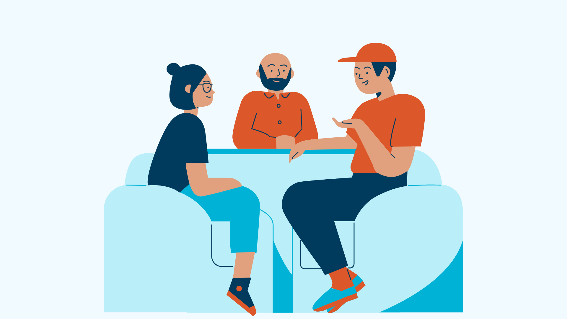 Illustration of three people sitting and having a conversation.