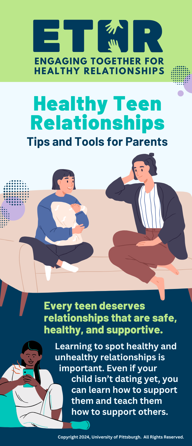 Infographic titled 'Healthy Teen Relationships' with tips for parents. Includes illustrations of diverse teens interacting safely and positively. Emphasizes the importance of recognizing healthy vs. unhealthy relationships for teens. Provided by the University of Pittsburgh.