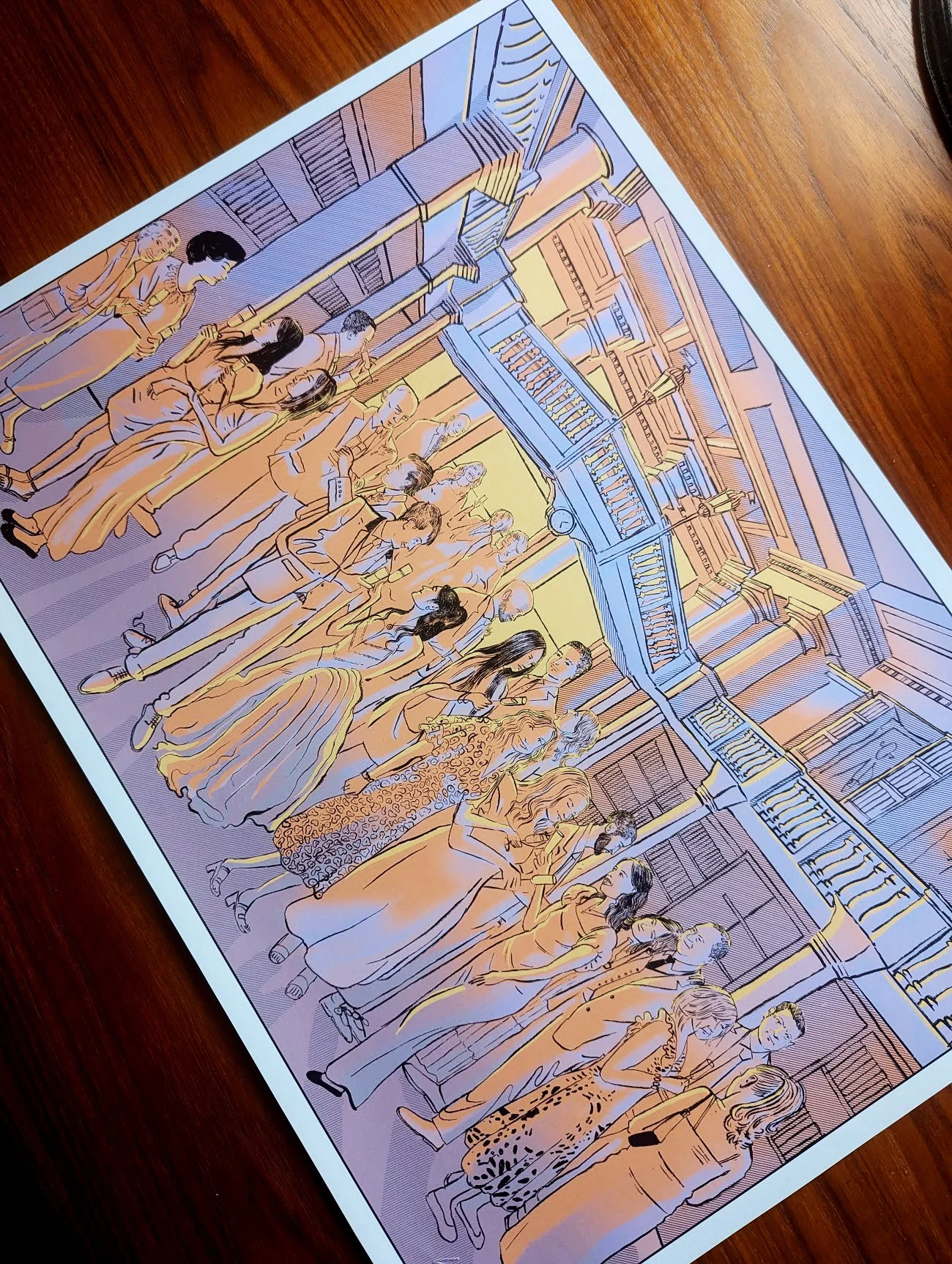 Illustration of people standing and talking on a multi-level library staircase, with bookshelves in the background.