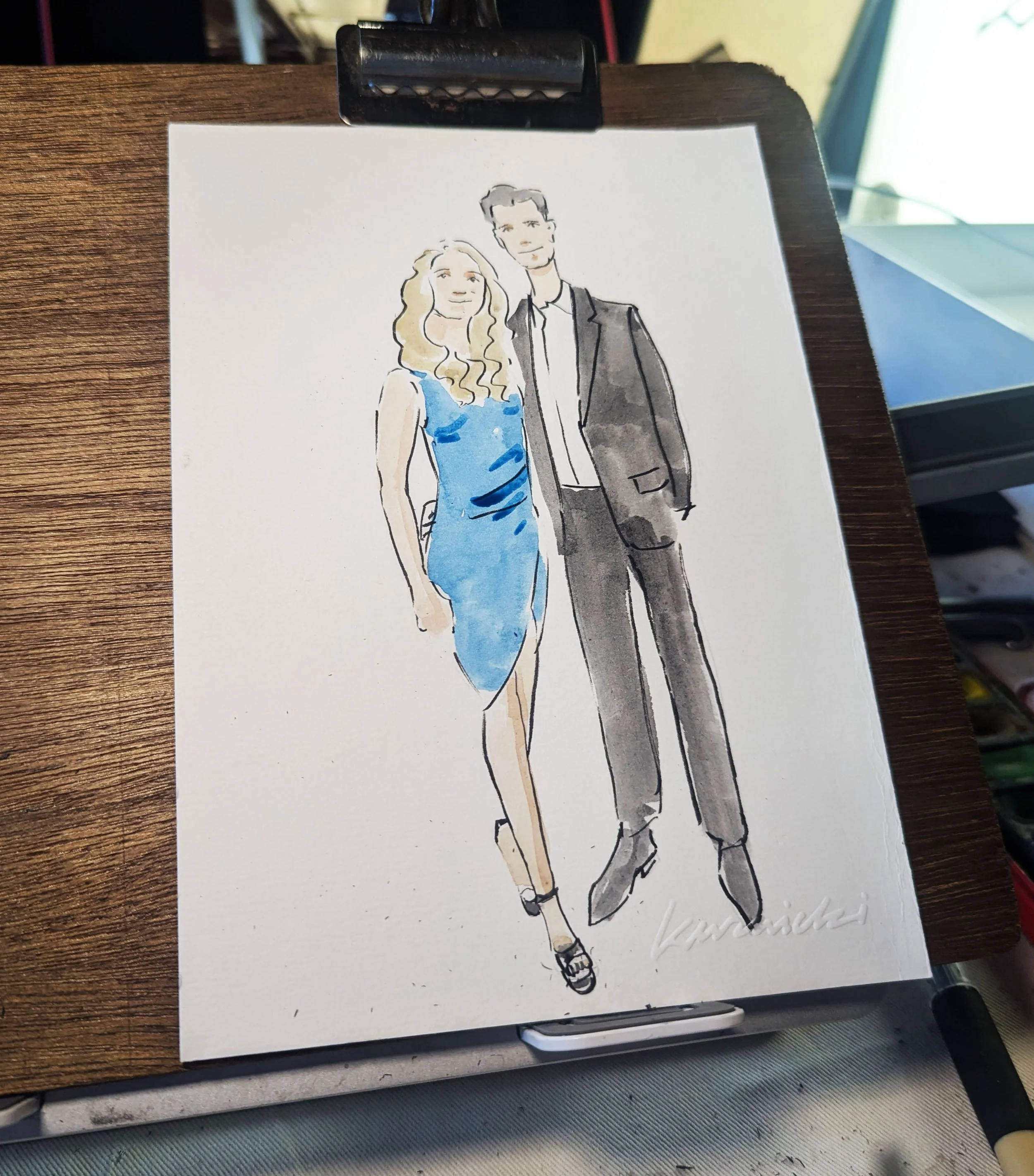 A watercolor illustration of a man and woman dressed in formal attire, standing close together.