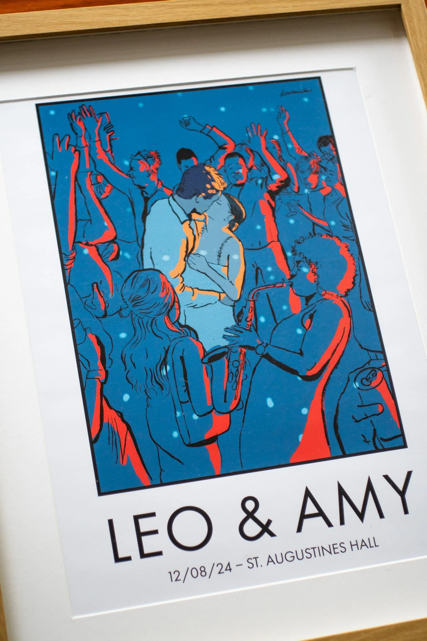 A colorful illustration of a lively crowd at a concert or party, with people dancing and playing musical instruments, emphasizing a festive atmosphere. Below the illustration, text reads "LEO & AMY," with a date "12/08/24" and location "St. Augustine