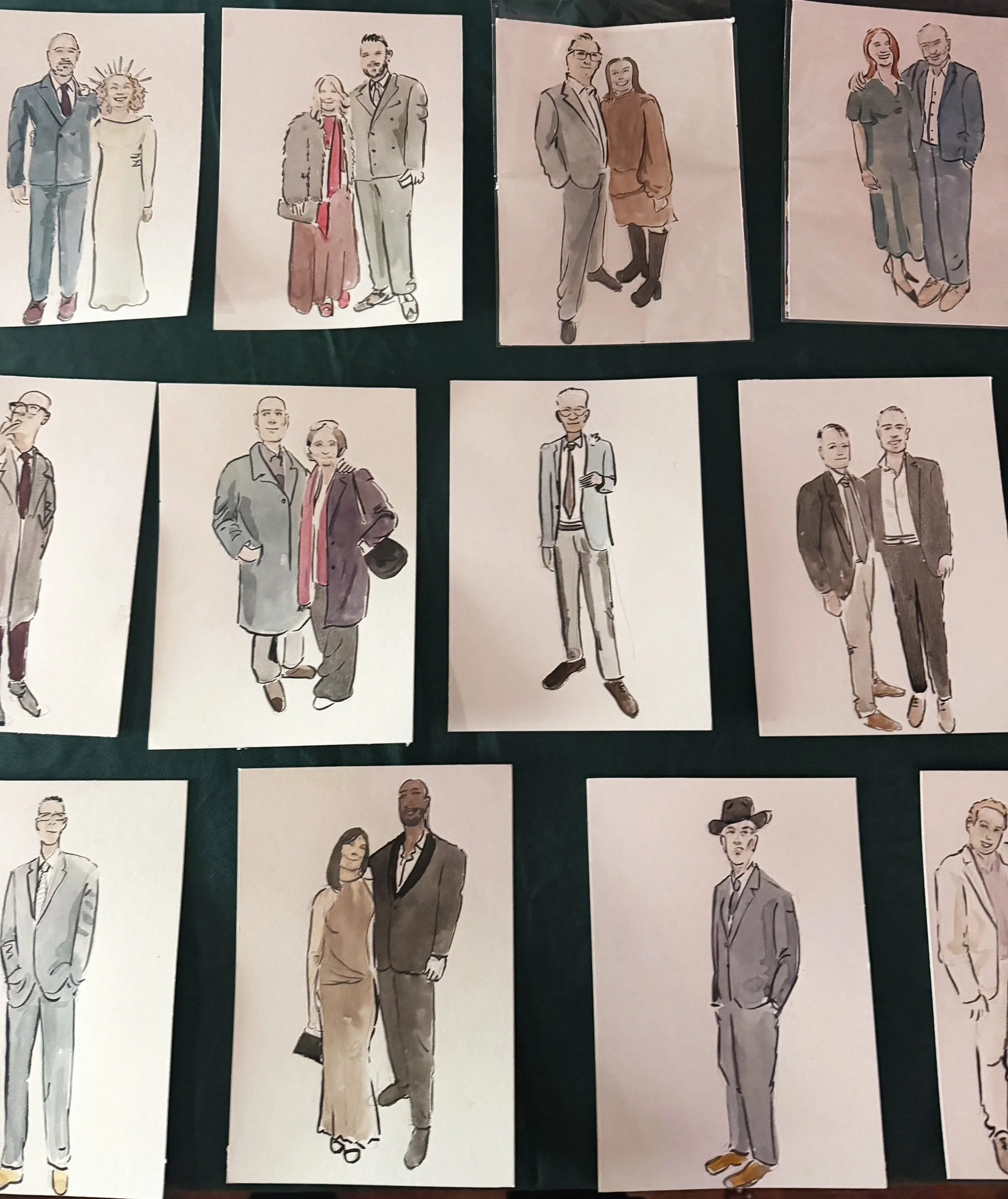 Collection of drawings of men and women dressed in formal and semi-formal attire, displayed on a green background.