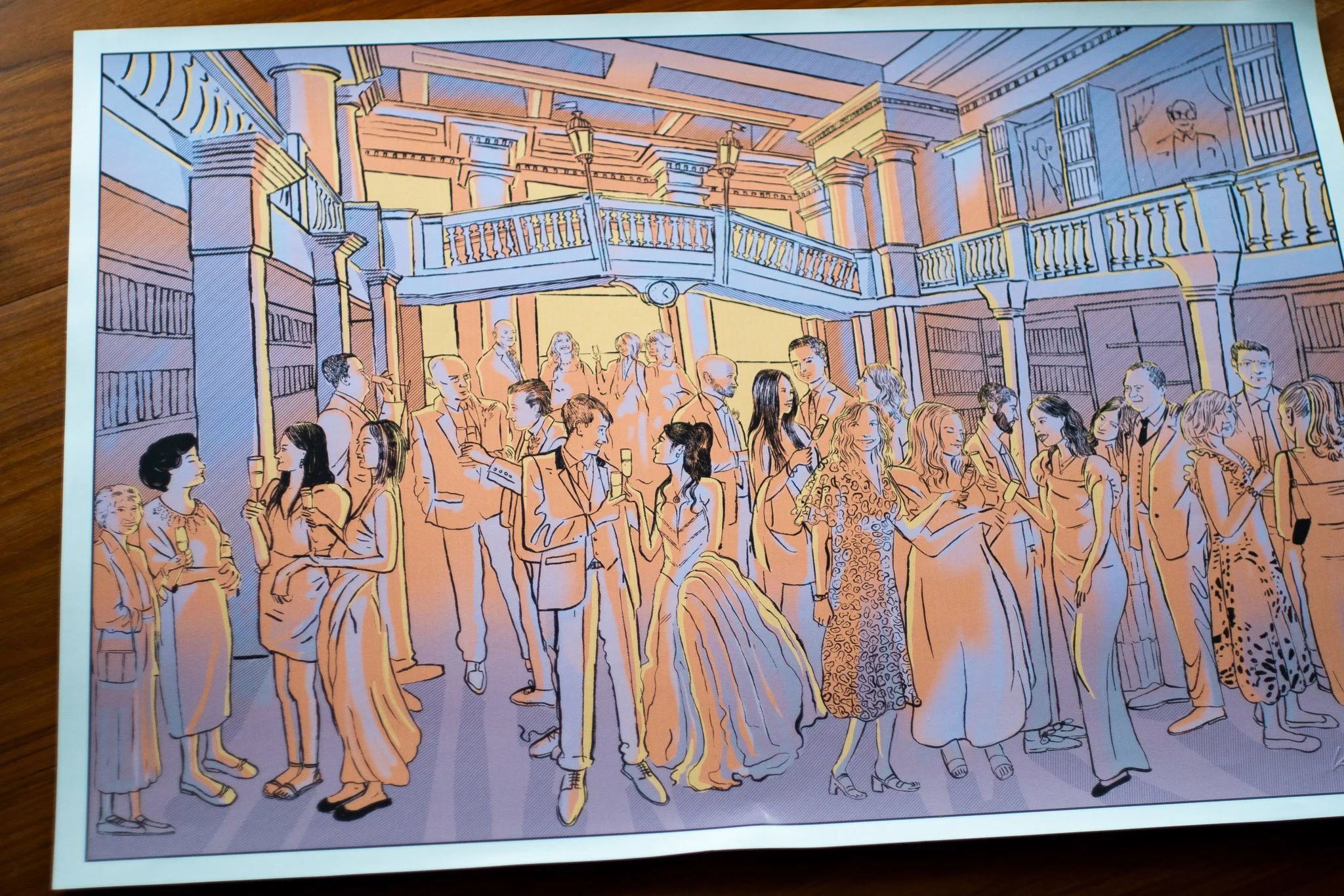Colorful illustration of people at a lively social gathering in an elegant library or atrium with bookshelves, columns, and a balcony.