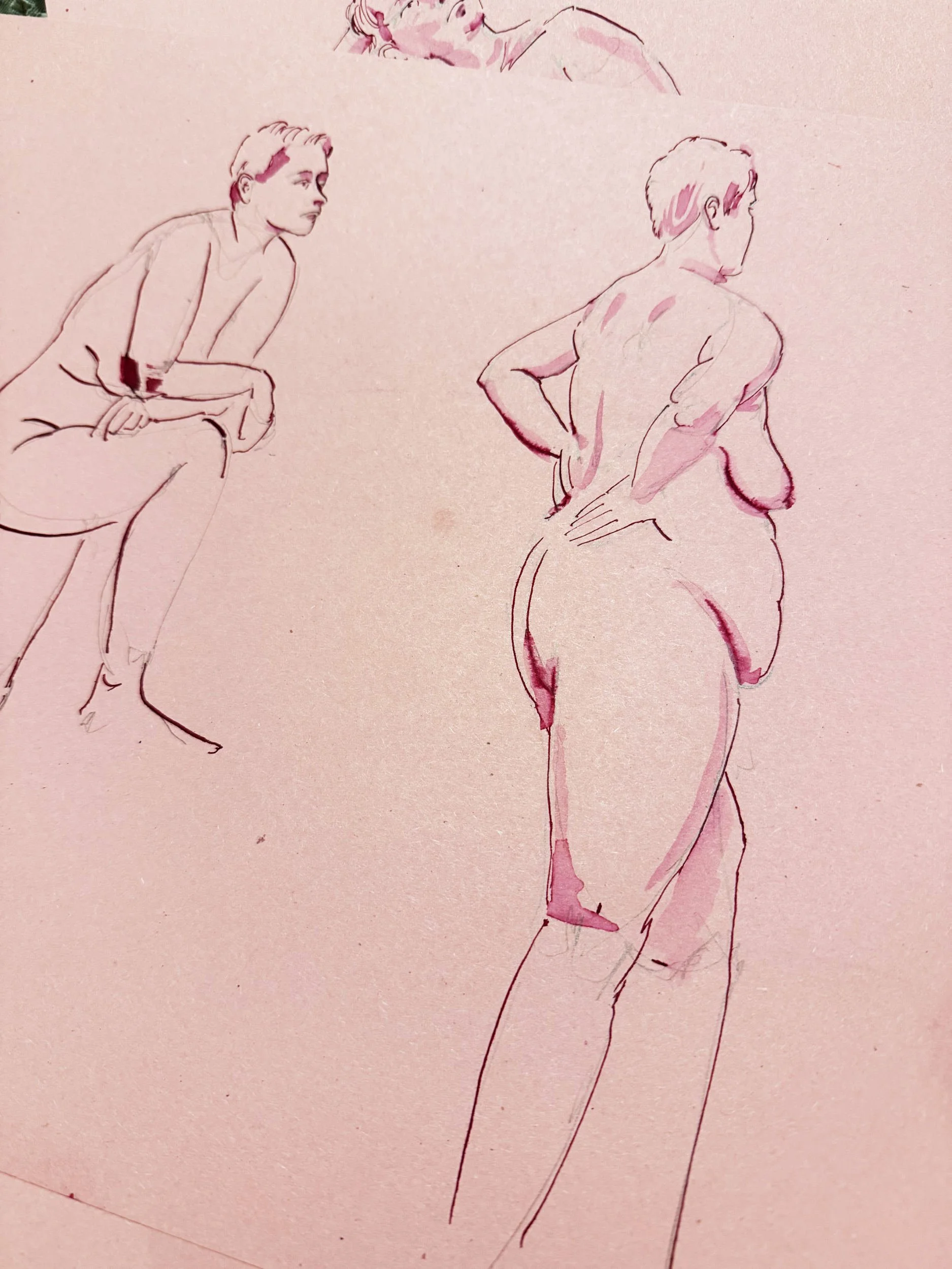 A collection of artistic sketches of a woman's body in various poses, with some coloring and shading, drawn on pink paper.