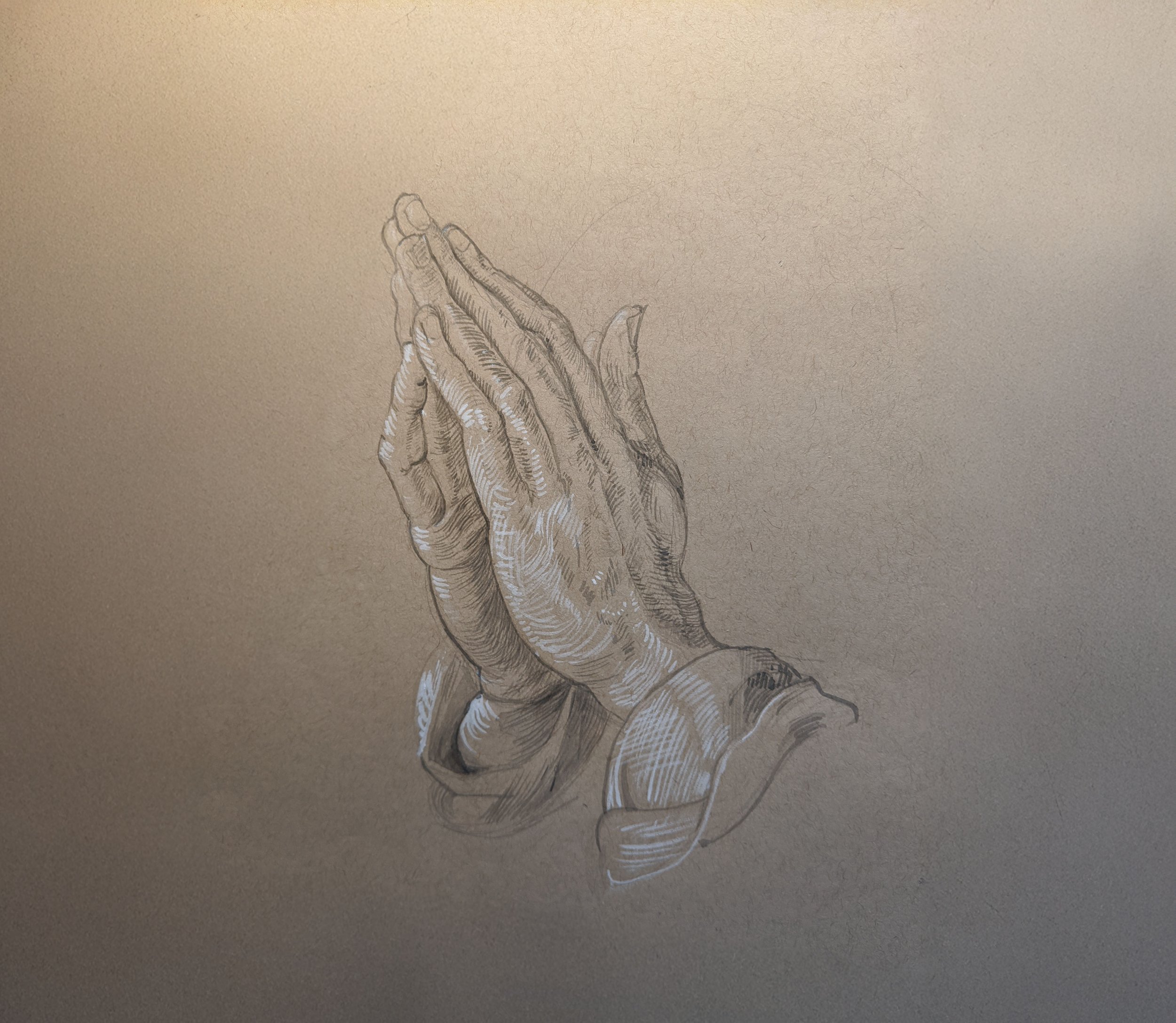 A detailed sketch of two hands, one above the other, with the fingers gently touching and slightly curled, depicted in a realistic style with shading and line work on a textured, light-colored background.