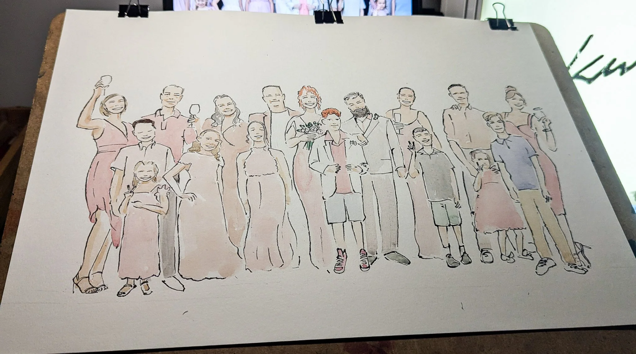 A hand-drawn illustration of a group of people at a celebration or wedding, with some holding drinks, standing together and smiling.
