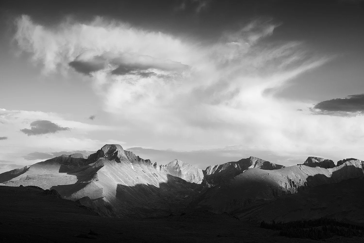Longs Peak, Shadows, and High Clouds