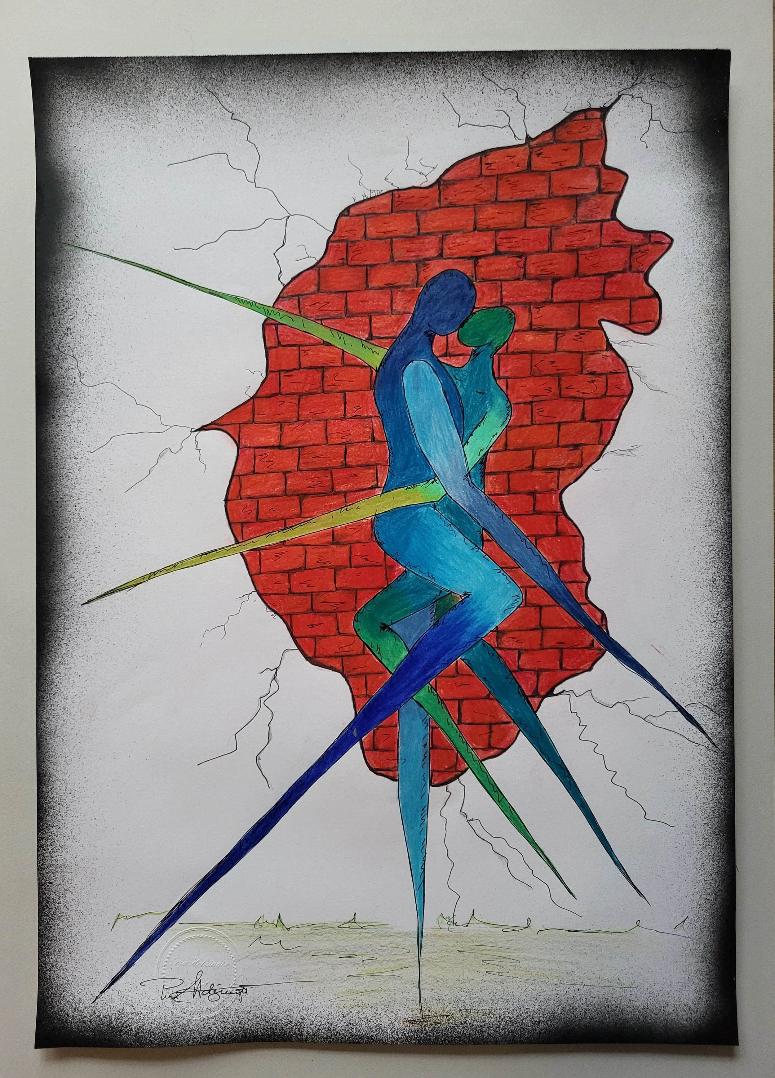 Linus & Lu Bricks – Original-Illustration von Pia Holzinger: Leidenschaftlicher Kuss vor einer Ziegelmauer, Bleistift und Farbspray.