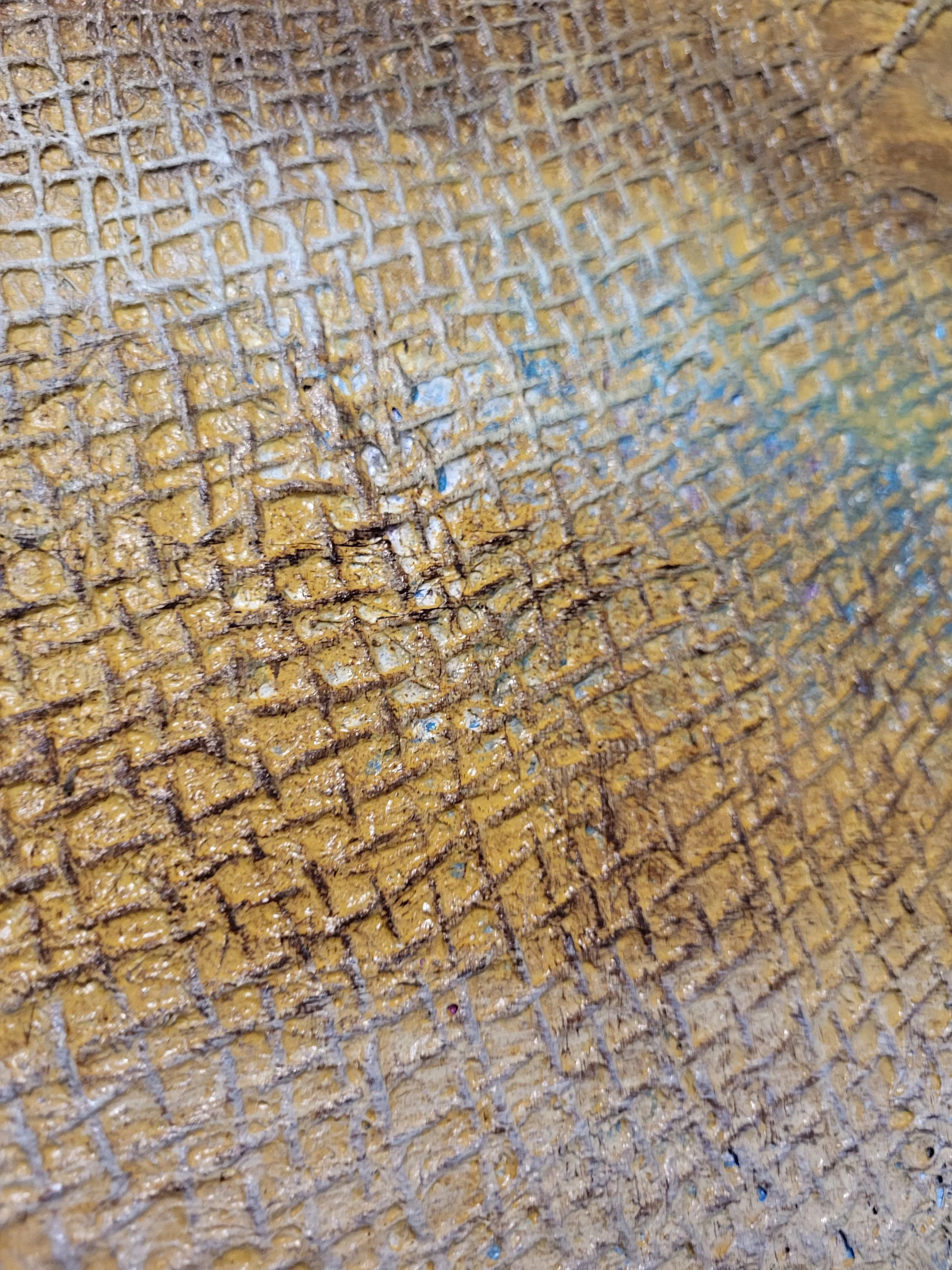 Teich – Abstraktes Original-Wandobjekt von Pia Holzinger mit Jutenetz, Farbspray und Strukturpaste auf Leinwand.