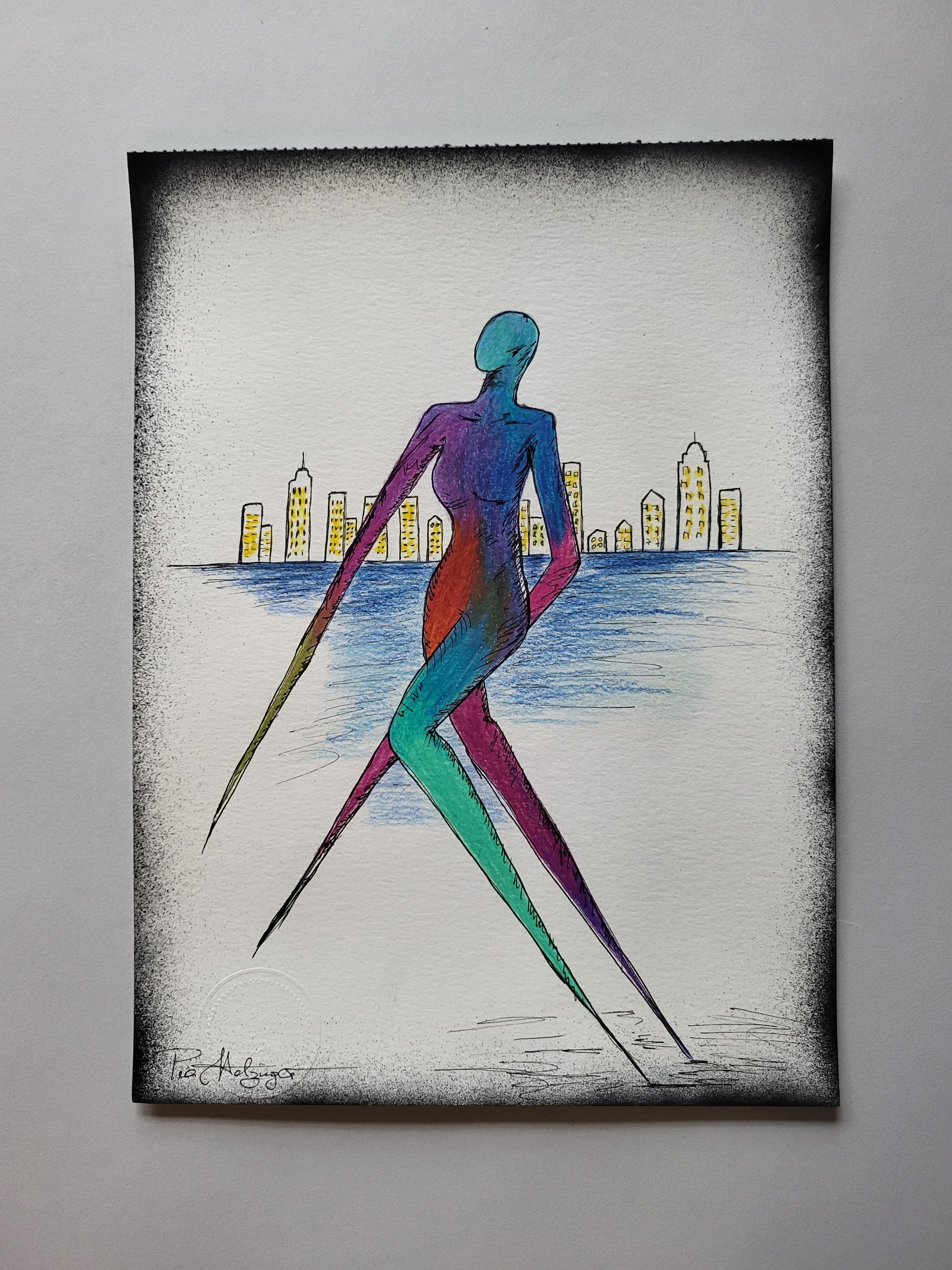 Lu in town – Original-Illustration von Pia Holzinger: Lu tanzt vor Stadt und Wasser im Format DIN A4.