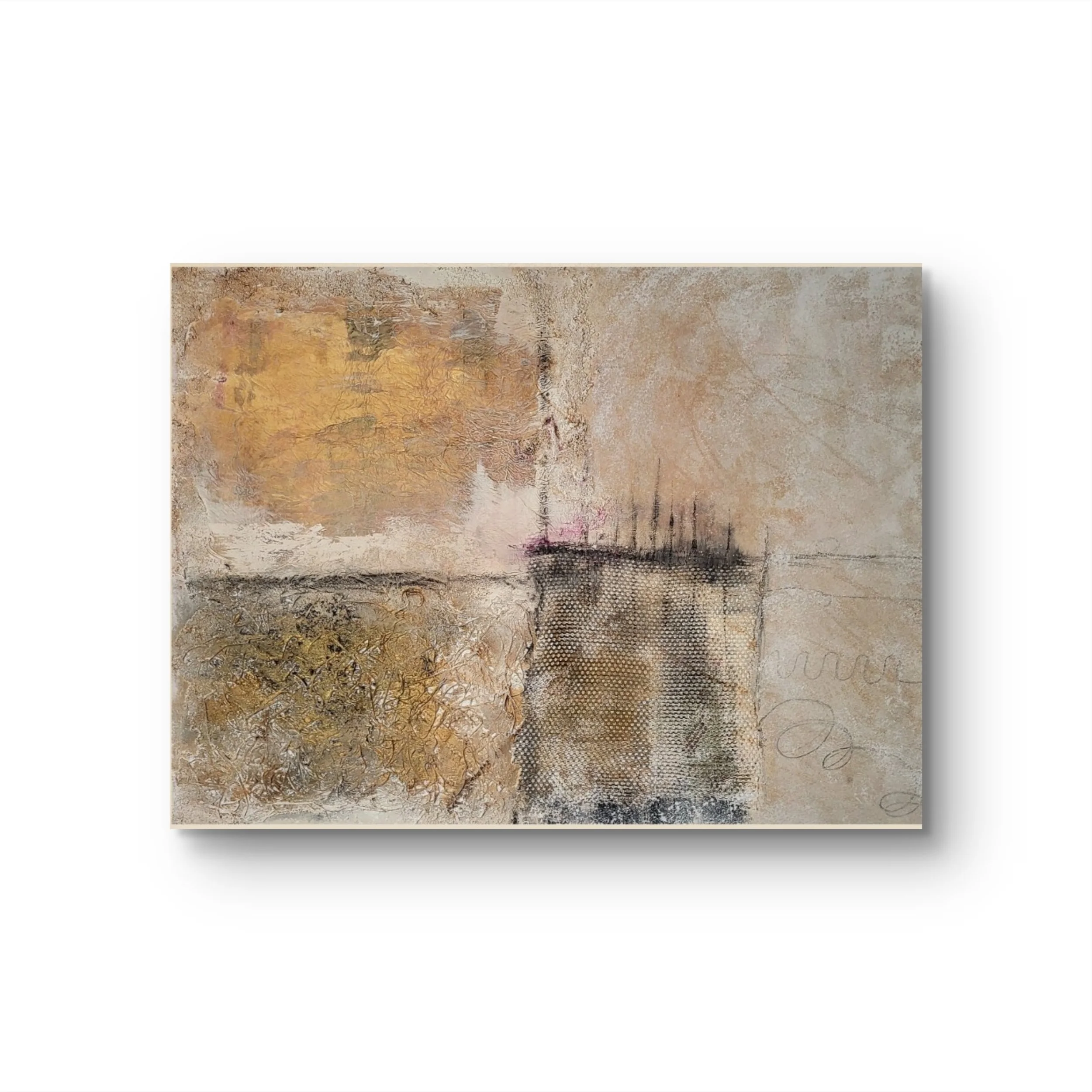 Vier – Abstraktes Original-Wandobjekt von Pia Holzinger mit Obstnetz, Ostergras aus Papier und Strukturpaste auf Leinwand.