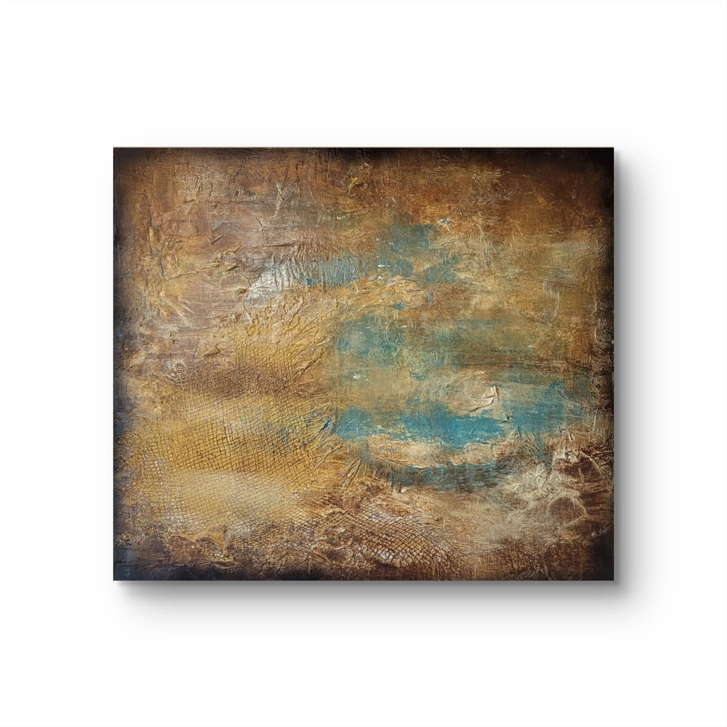 Teich – Abstraktes Original-Wandobjekt von Pia Holzinger mit Jutenetz, Farbspray und Strukturpaste auf Leinwand.