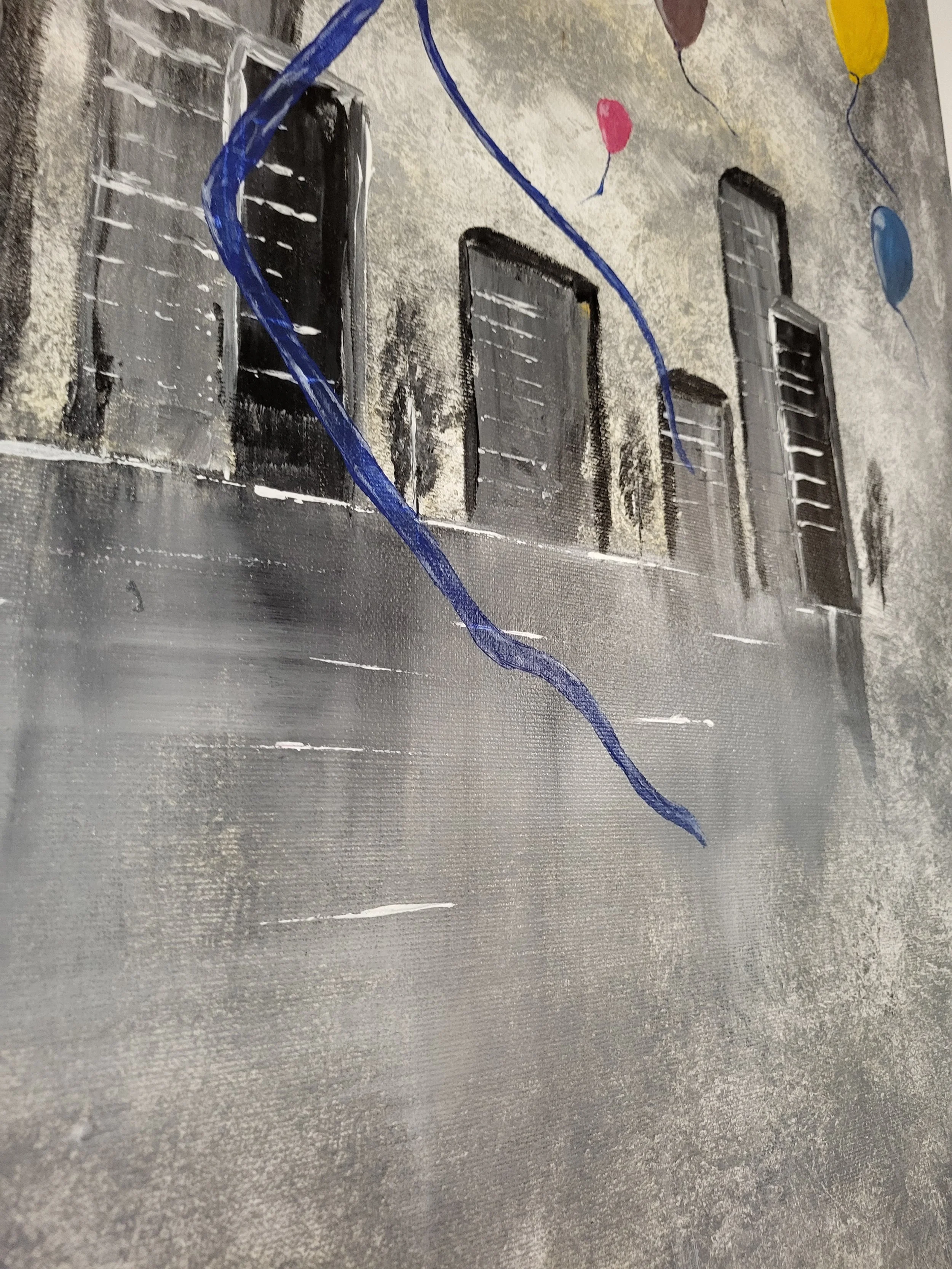 Martins Story – Hoffnungsvolles Original-Gemälde von Pia Holzinger, schwarz-weiße Stadt mit bunten Luftballons.