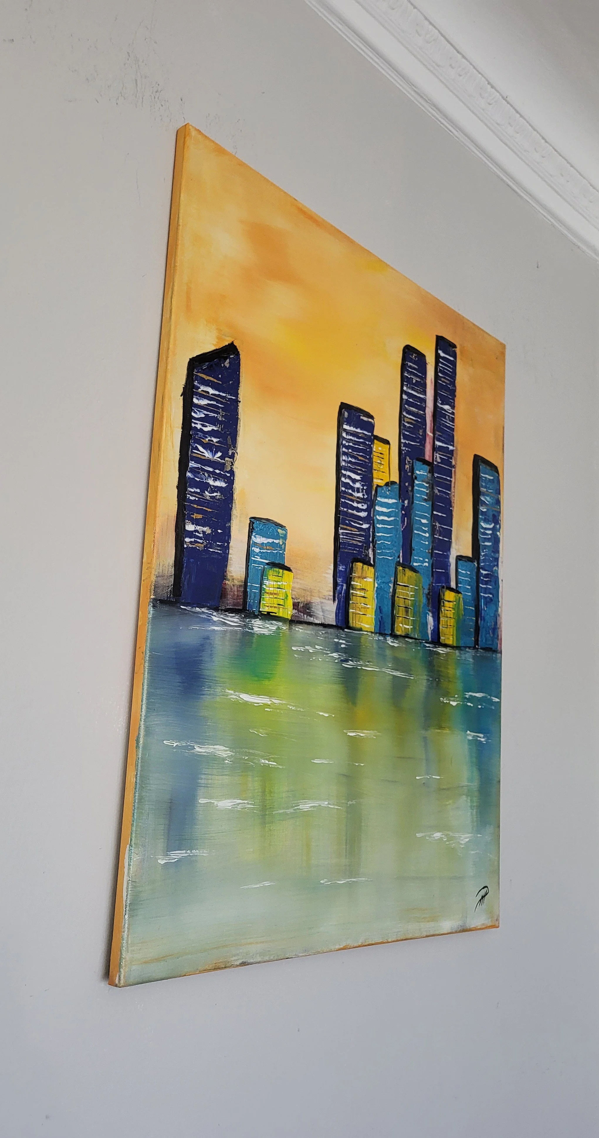 Stadt orange – Original-Gemälde einer abstrakten Stadtlandschaft von Pia Holzinger, Acryl auf Leinwand.