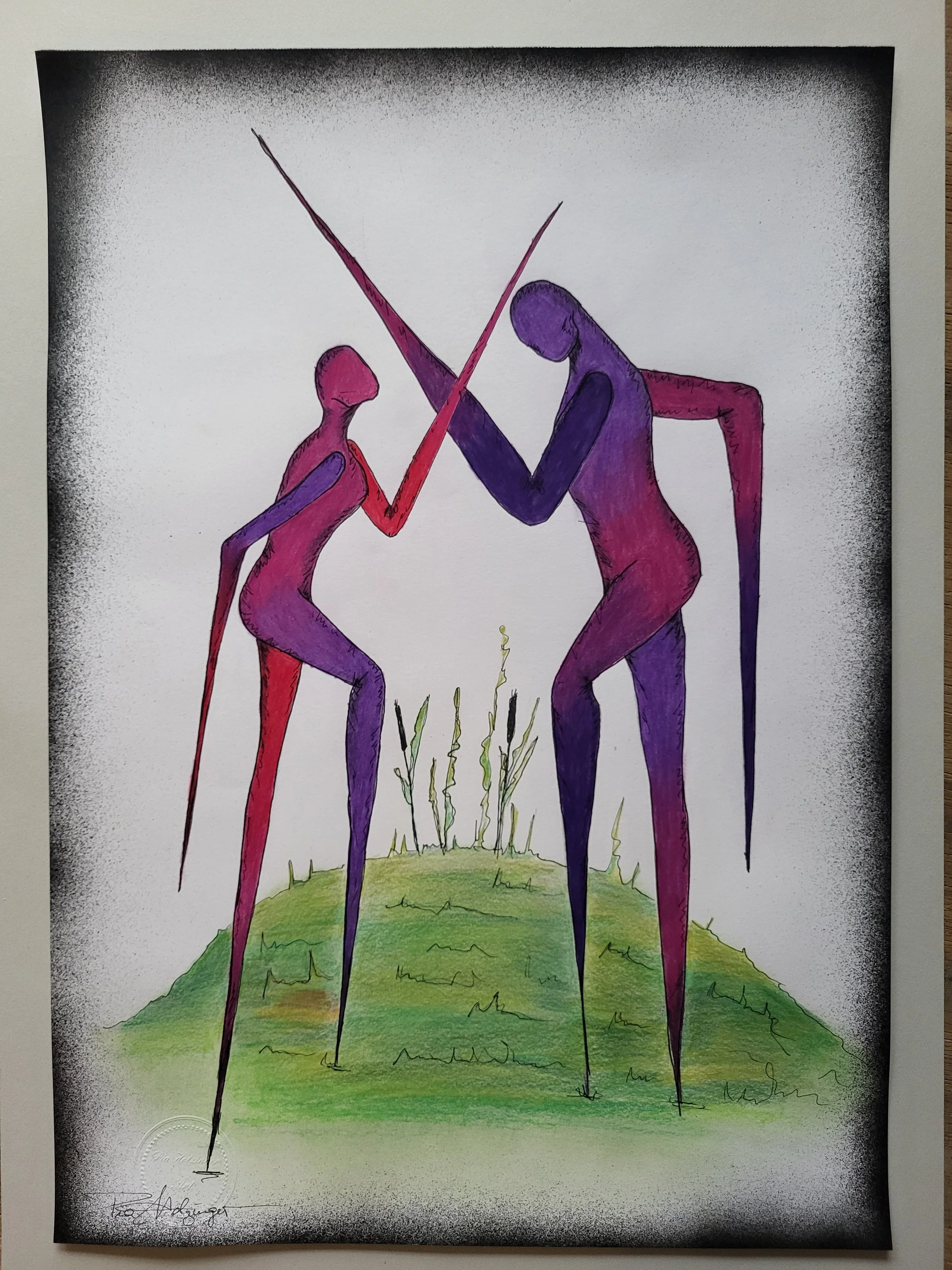 Linus & Lu Fight – Original-Illustration von Pia Holzinger: Dynamische Zeichnung eines Konflikts in Bleistift und Farbspray.