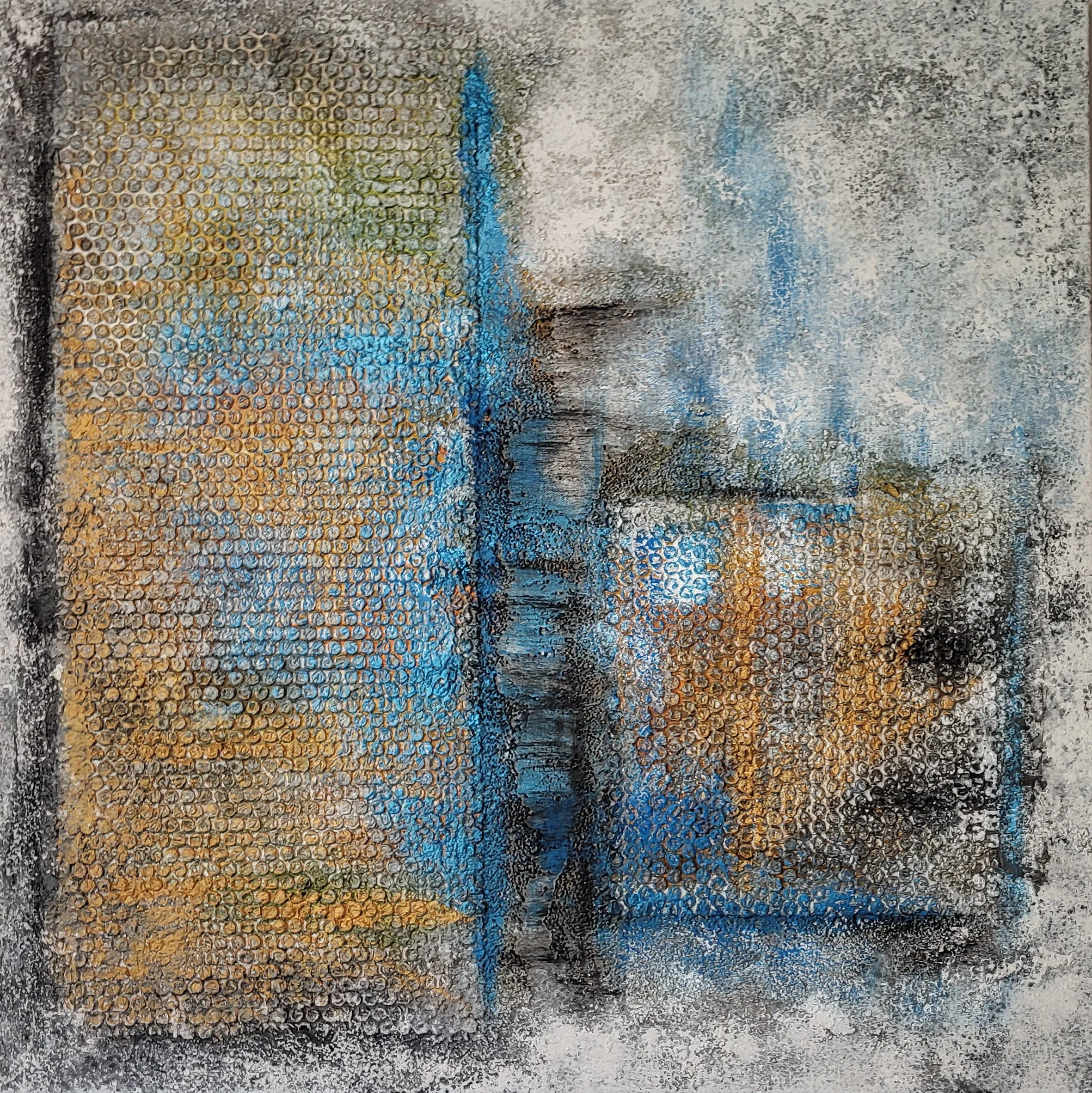 Luftpolsterfolie – Quadratisches Original-Wandobjekt von Pia Holzinger mit eingearbeiteter Luftpolsterfolie und Strukturpaste auf Leinwand.