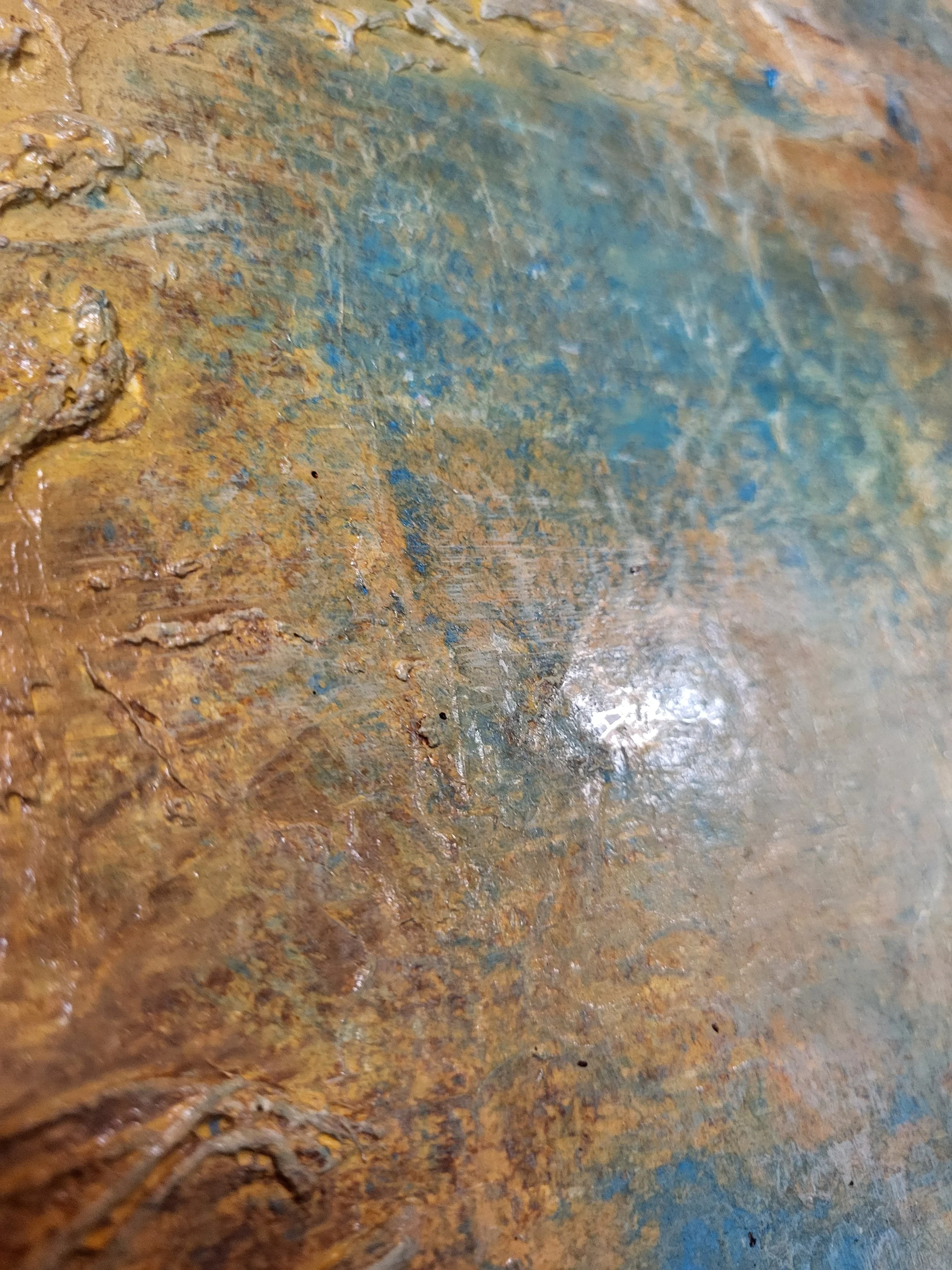 Teich – Abstraktes Original-Wandobjekt von Pia Holzinger mit Jutenetz, Farbspray und Strukturpaste auf Leinwand.