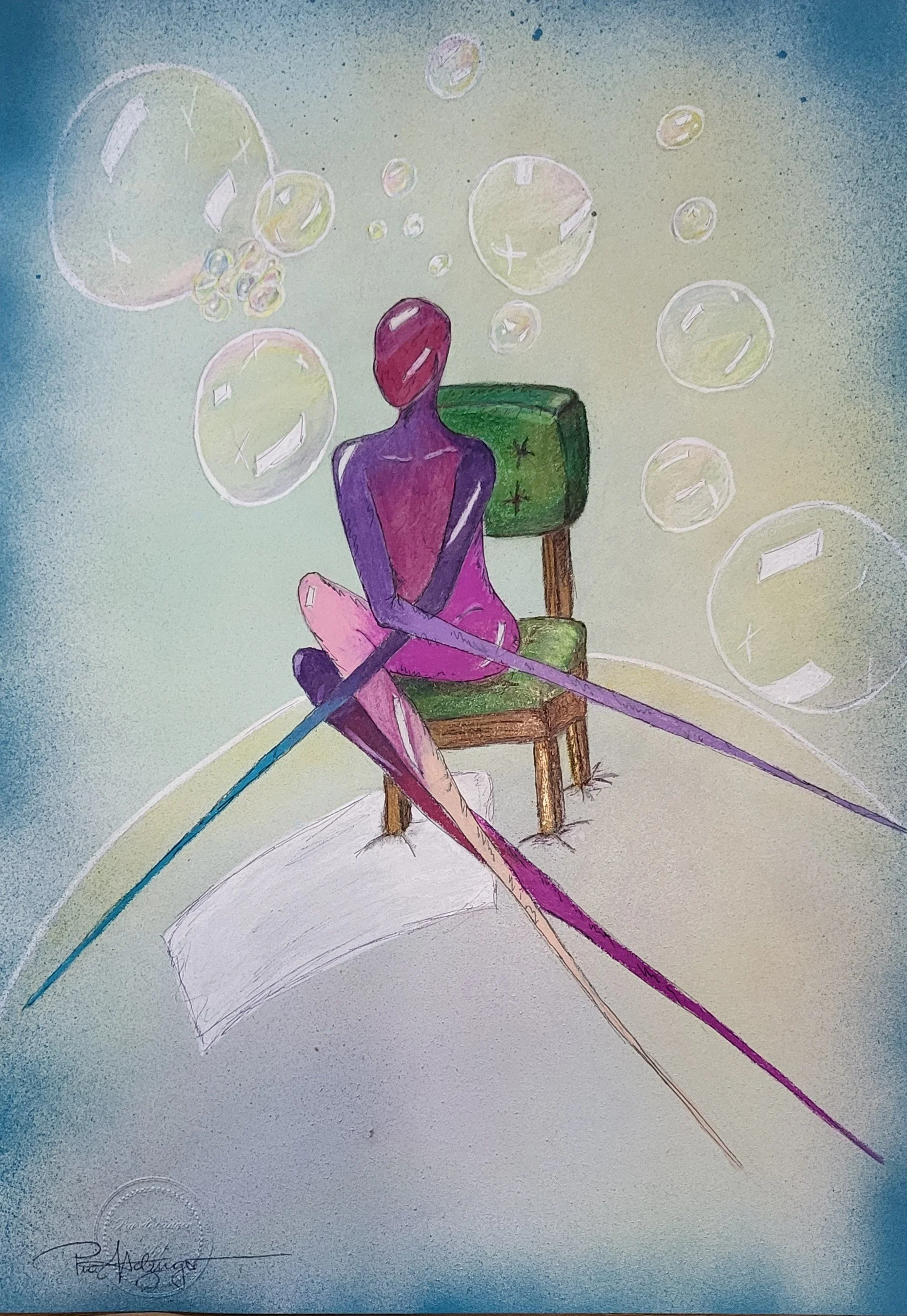 Lu bubbles – Original-Illustration von Pia Holzinger aus der Serie Linus und Lu, Bleistift und Farbspray.