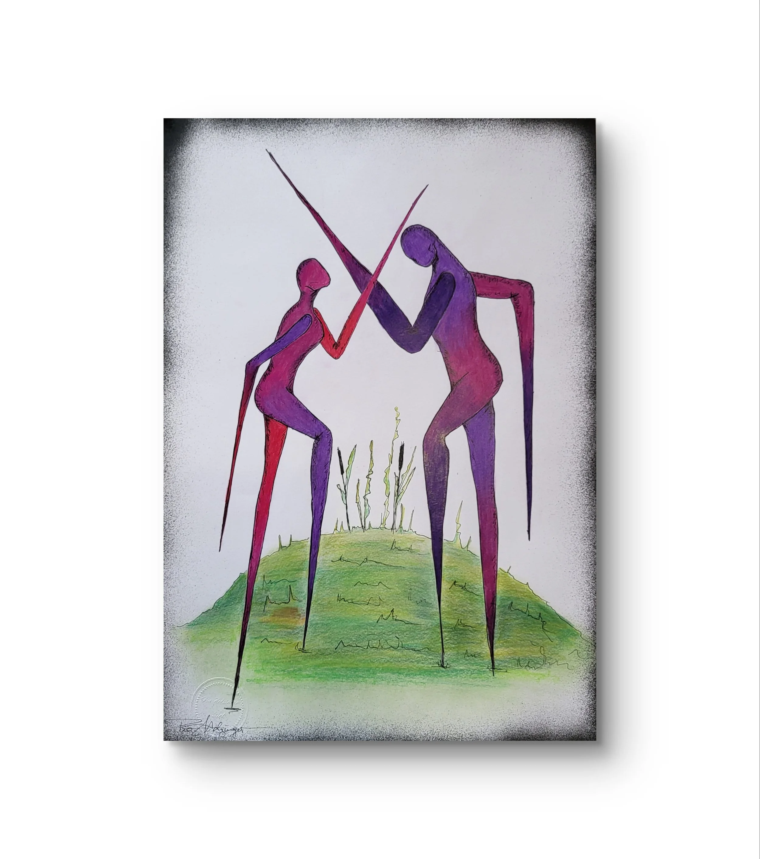Linus & Lu Fight – Original-Illustration von Pia Holzinger: Dynamische Zeichnung eines Konflikts in Bleistift und Farbspray.