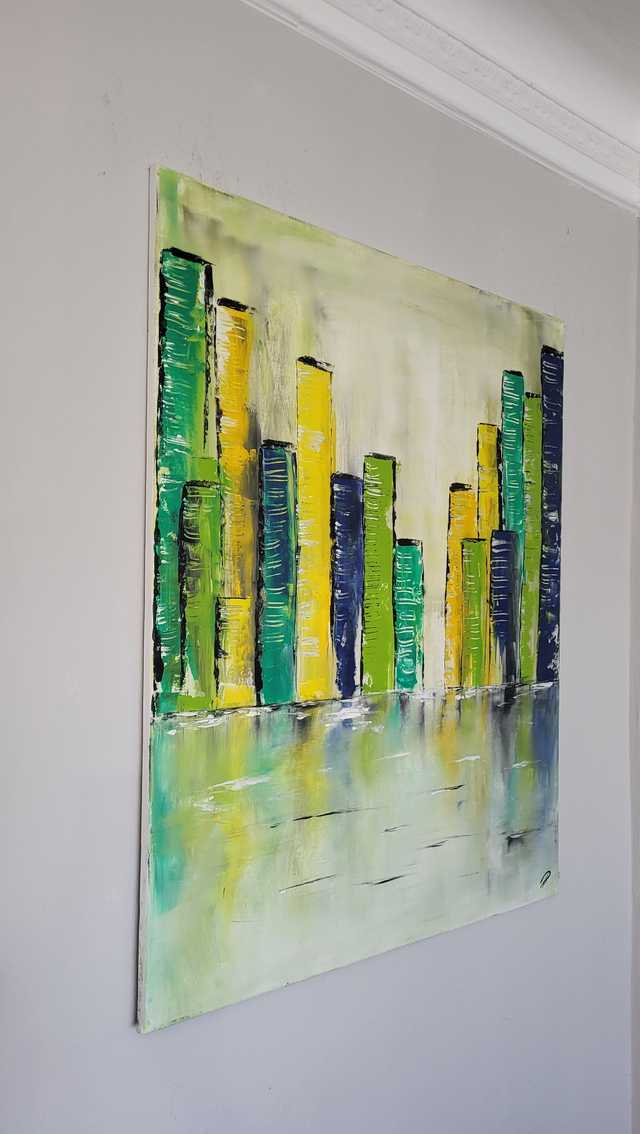 Stadt grün – Großformatiges Original-Gemälde einer Stadtlandschaft von Pia Holzinger, Acryl auf Leinwand.