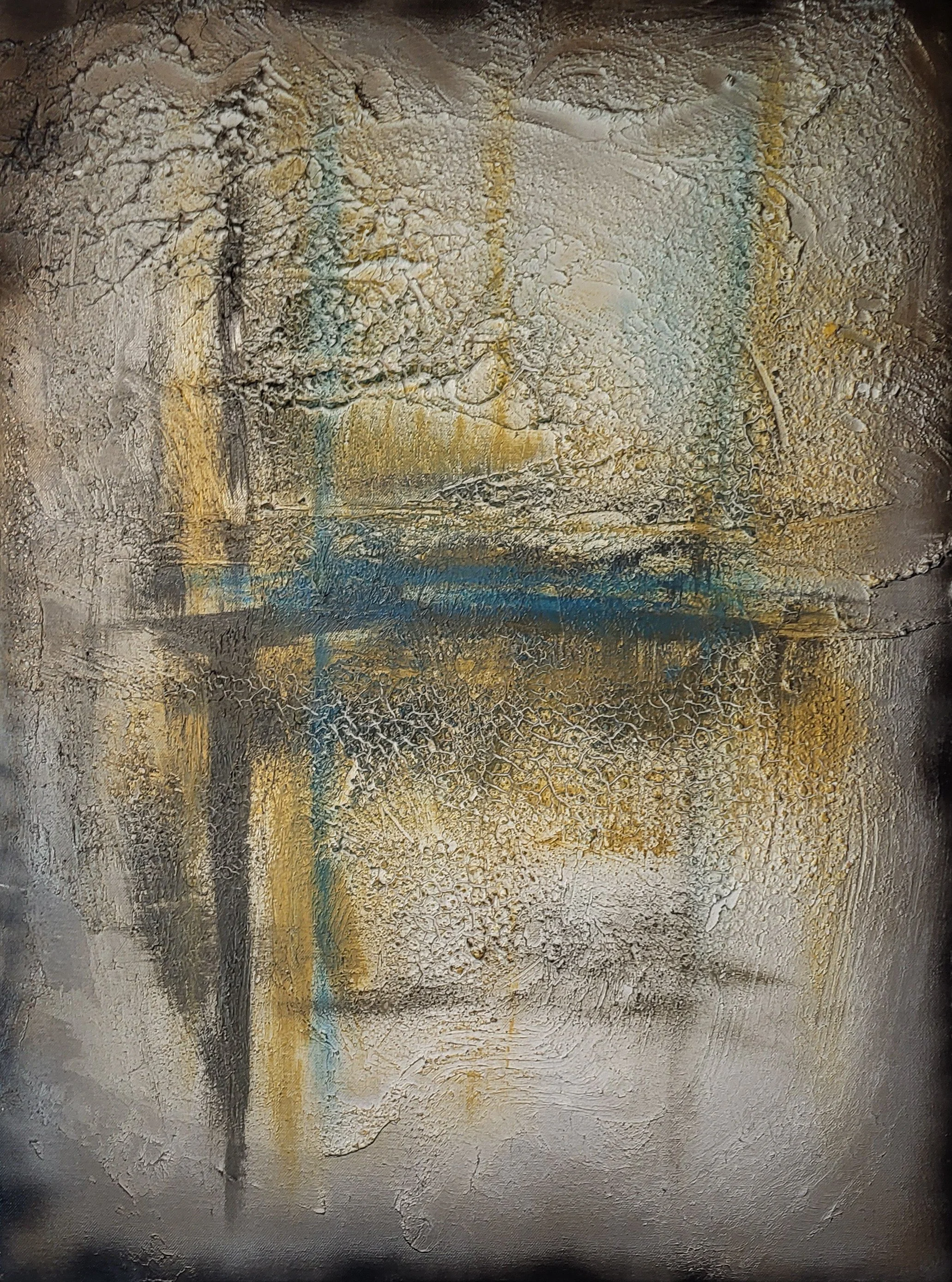 Waldsee – Abstraktes Original-Gemälde von Pia Holzinger mit Marmormehl und Farbspray auf Leinwand.