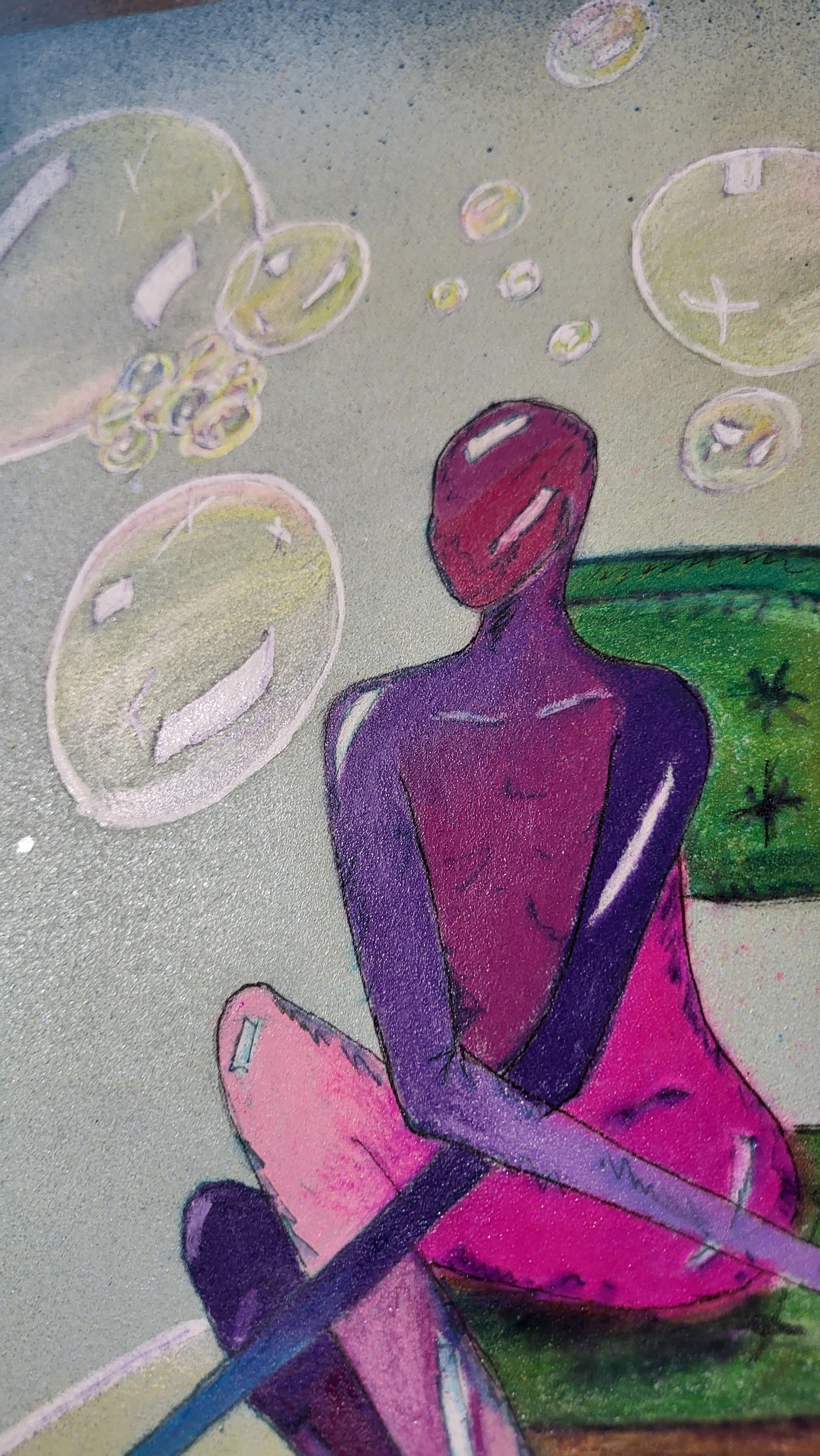 Lu bubbles – Original-Illustration von Pia Holzinger aus der Serie Linus und Lu, Bleistift und Farbspray.