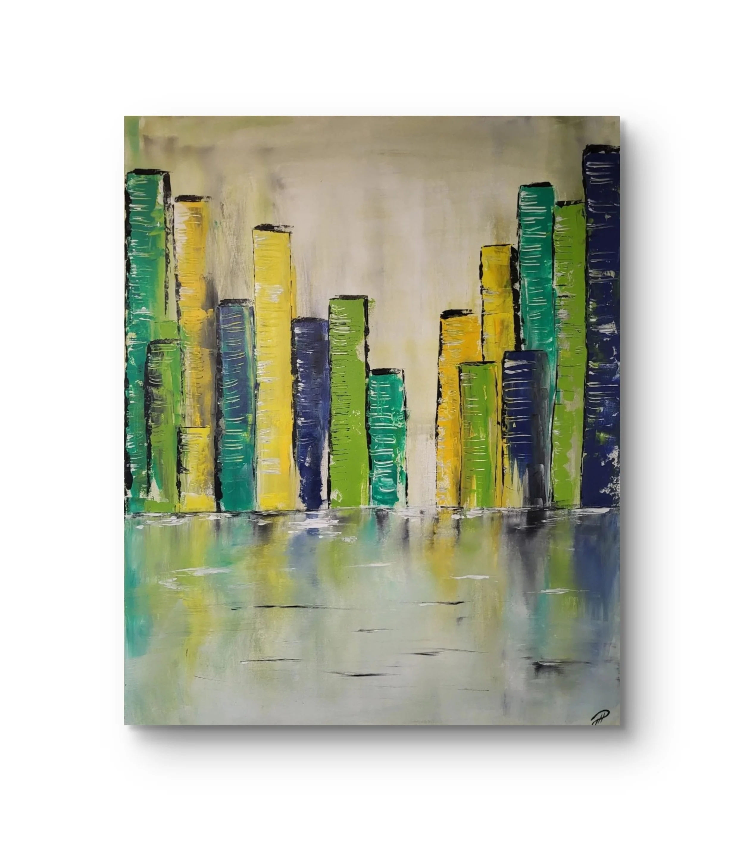 Stadt grün – Großformatiges Original-Gemälde einer Stadtlandschaft von Pia Holzinger, Acryl auf Leinwand.