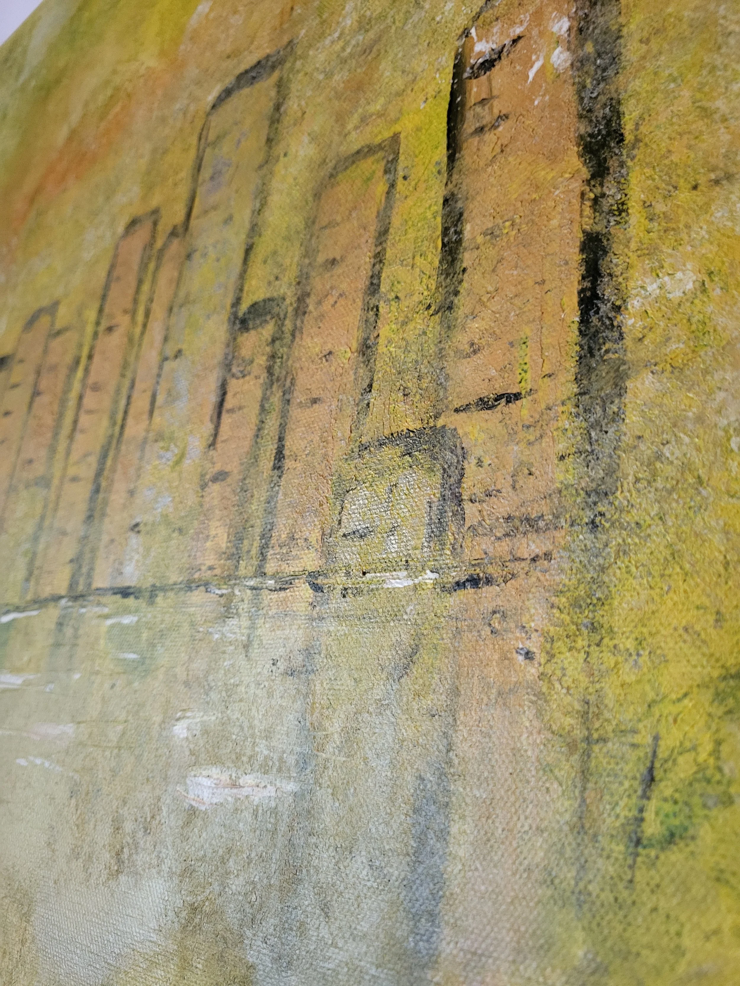 Stadt gelb – Großformatiges Original-Gemälde einer Stadtlandschaft von Pia Holzinger, Acryl auf Leinwand.